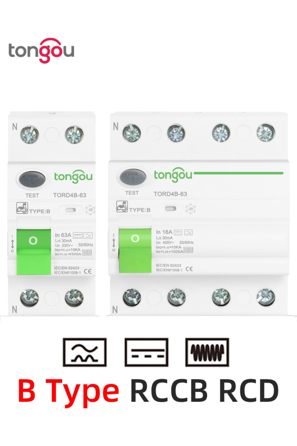 TONGOU-RCD RCCB Type B Earth Leakage Residual Current Circuit Breaker Evse 2P 4P AC 40a 63a 30ma 100ma 3... 6