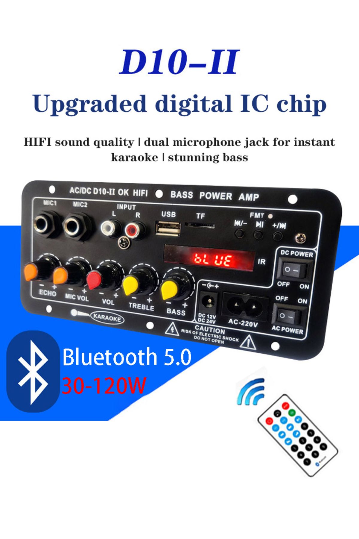 WAPUNO-D10-II 12V 24V Car Bluetooth Amplifier Board AUX TF Card USB 30-120W for 4 Ohm 40W Speaker 220V E... 7