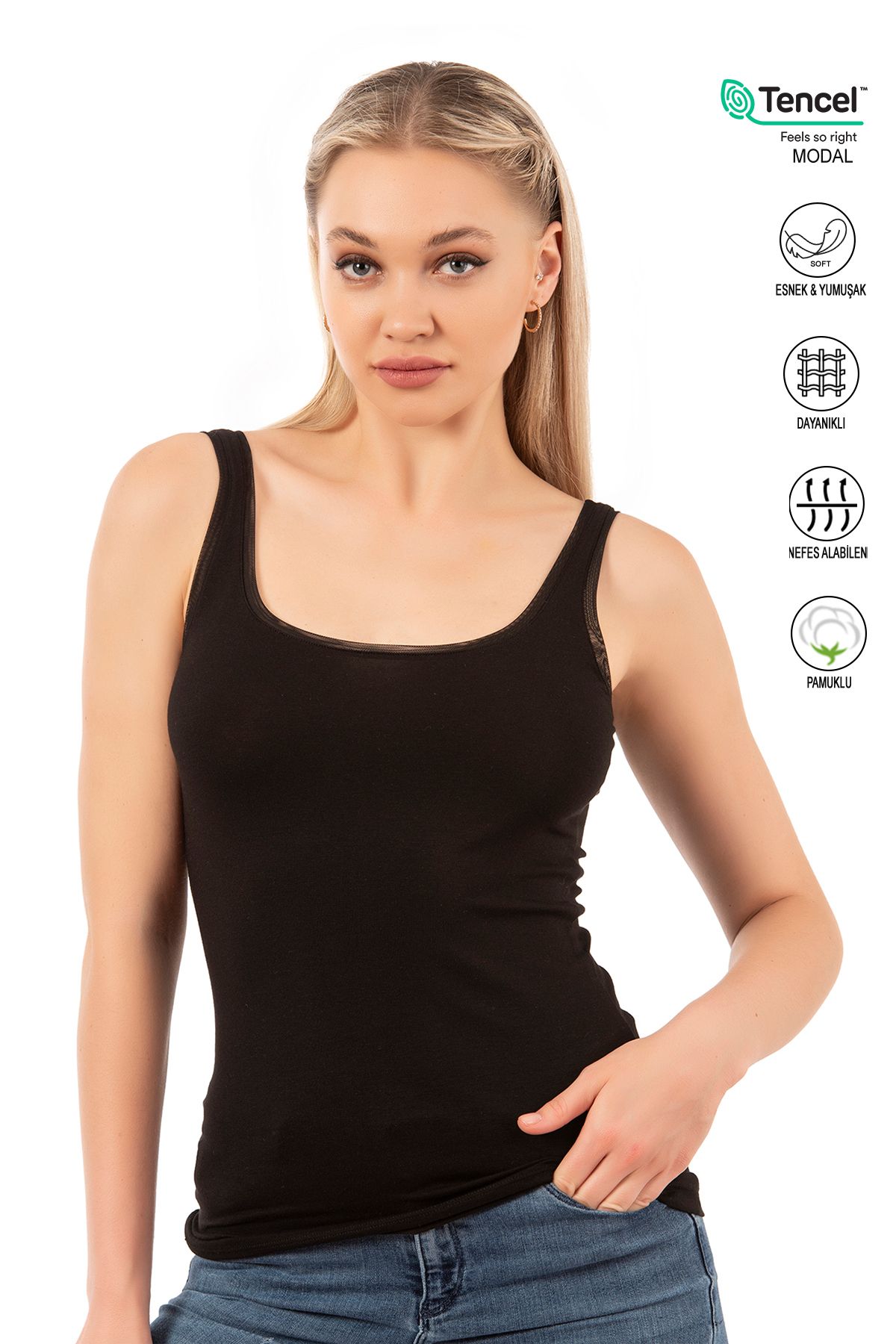 ÖZKAN underwear-Özkan 25493 Women's Premium Fabric Modal Cotton Lycra Tulle Ribbed Thick Straps Undershirt 1