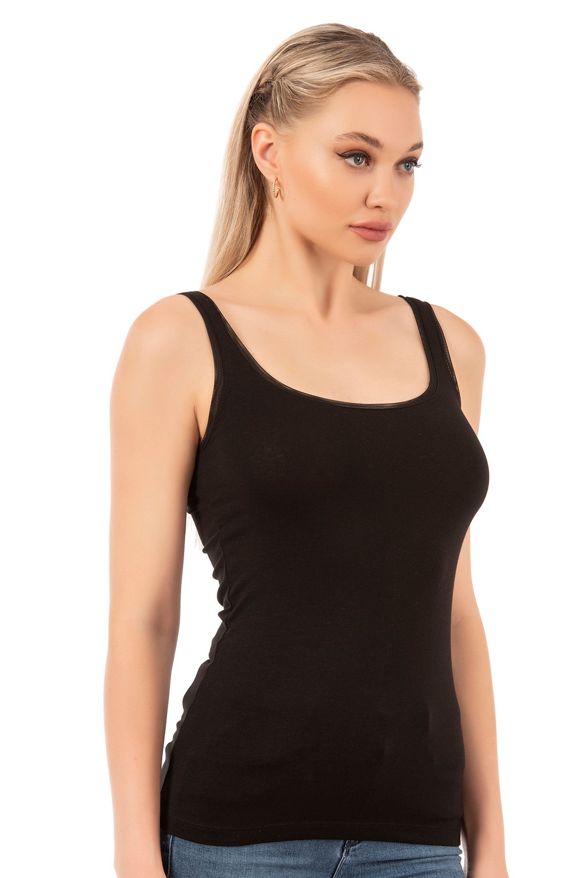 ÖZKAN underwear-Özkan 25493 Women's Premium Fabric Modal Cotton Lycra Tulle Ribbed Thick Straps Undershirt 4