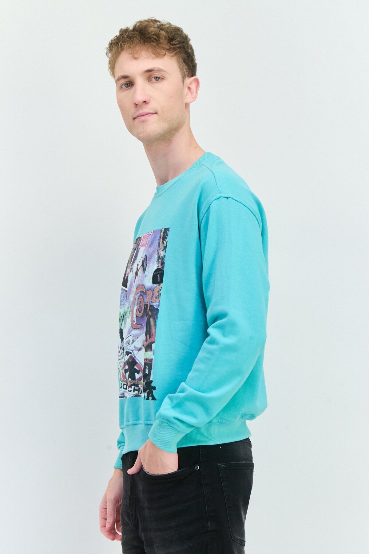 Goliath-Men Crew Neck Long Sleeve Graphic Print Sweatshirt, Turquoise 3