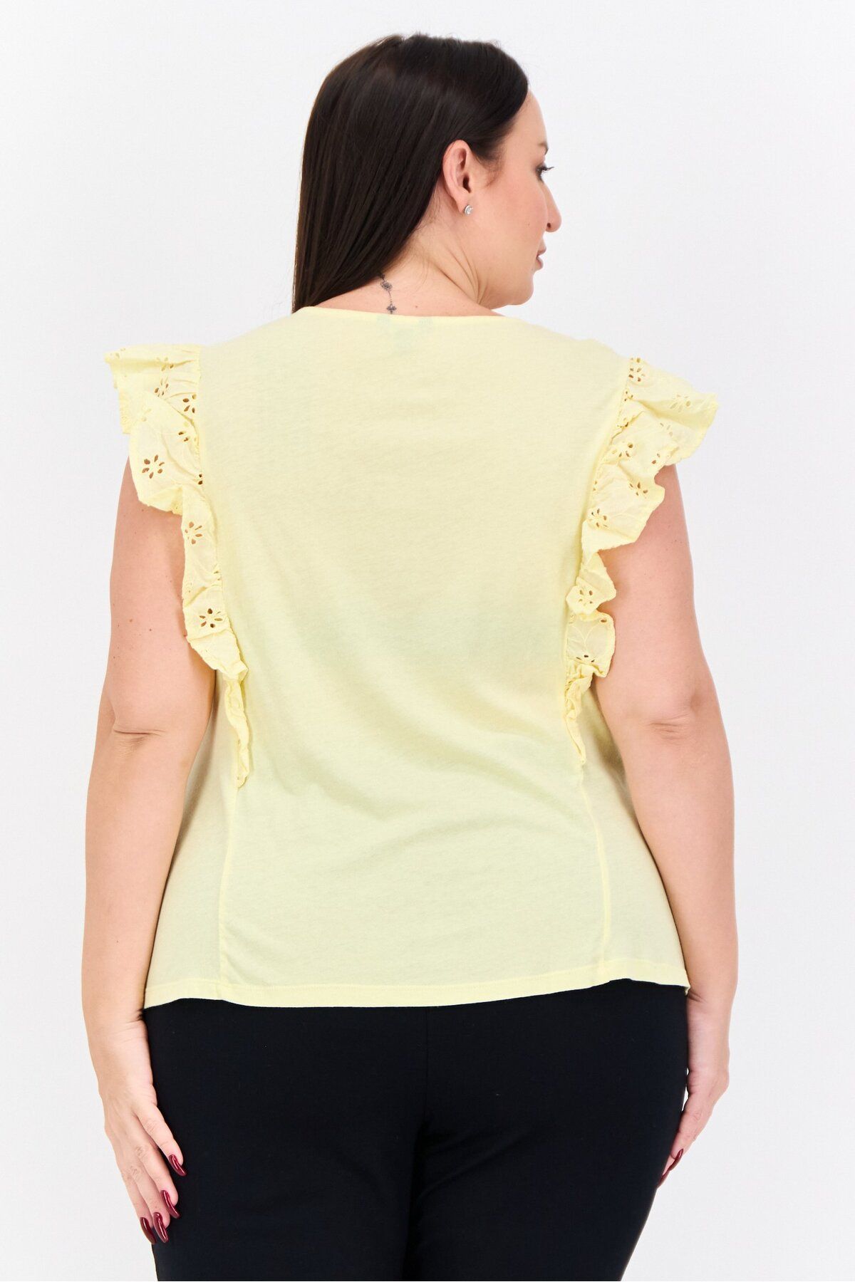 Nautica-Women Round Neck Ruffle Sleeves Embroidered Blouse, Yellow 3