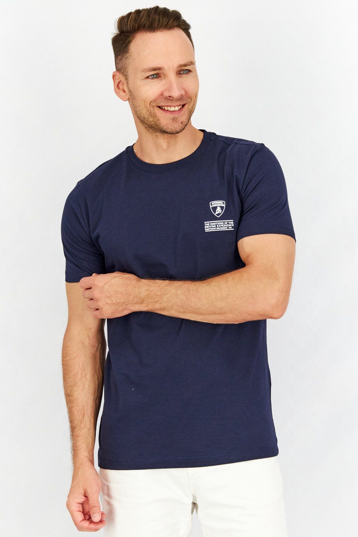 Lamborghini-Men Crew Neck Short Sleeves Brand Logo T-Shirt, Navy Blue 1