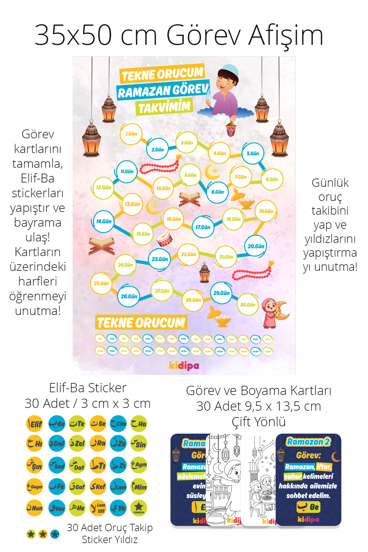 Kidipa | Çocuklar İçin Ramazan Seti - Oruç Takip Afişi, Namaz, Görev Kartları, Sticker ve Süsler fotoğrafı 2 (önizleme)