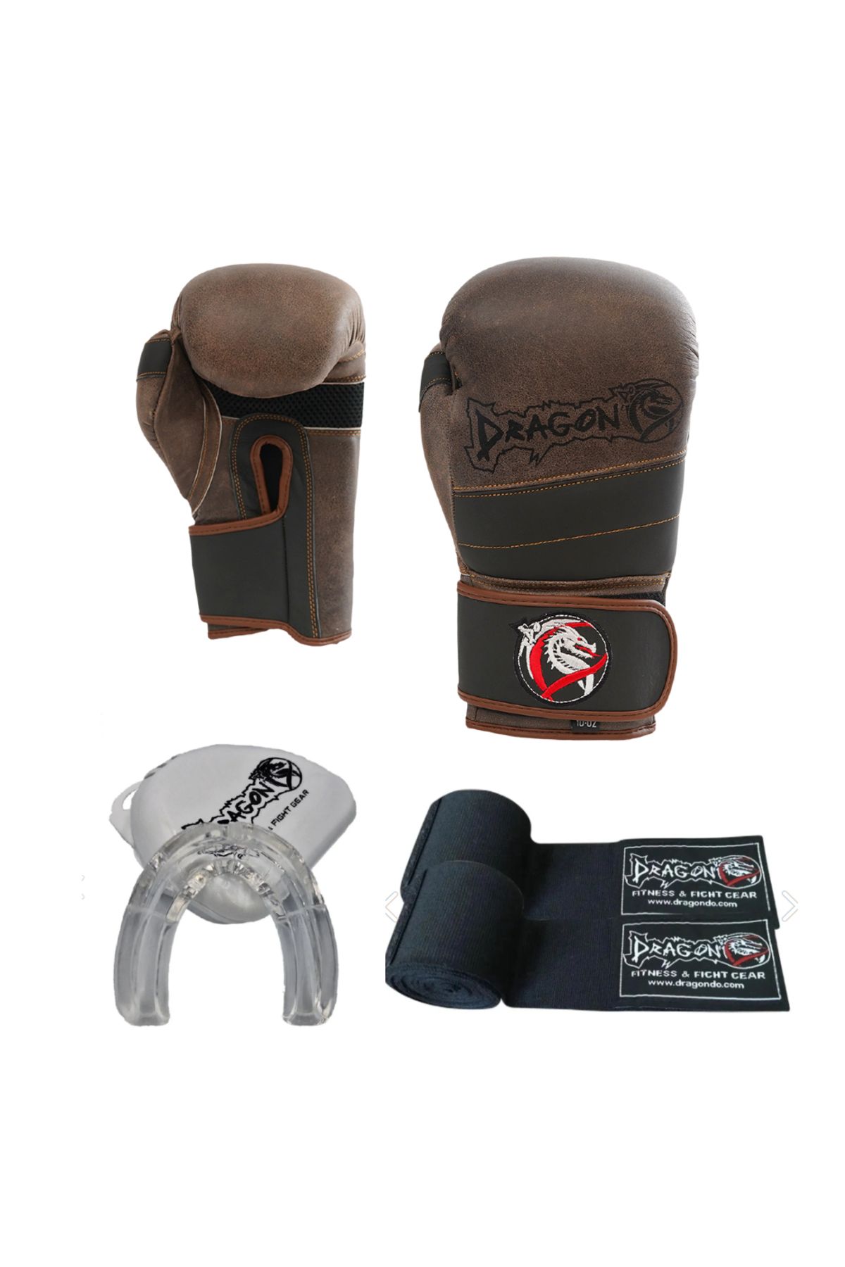 Dragondo 30211-L Antique Hakiki Deri Boks Eldiveni Profesyonel Dişlik ve Bandaj Kick Boks Seti