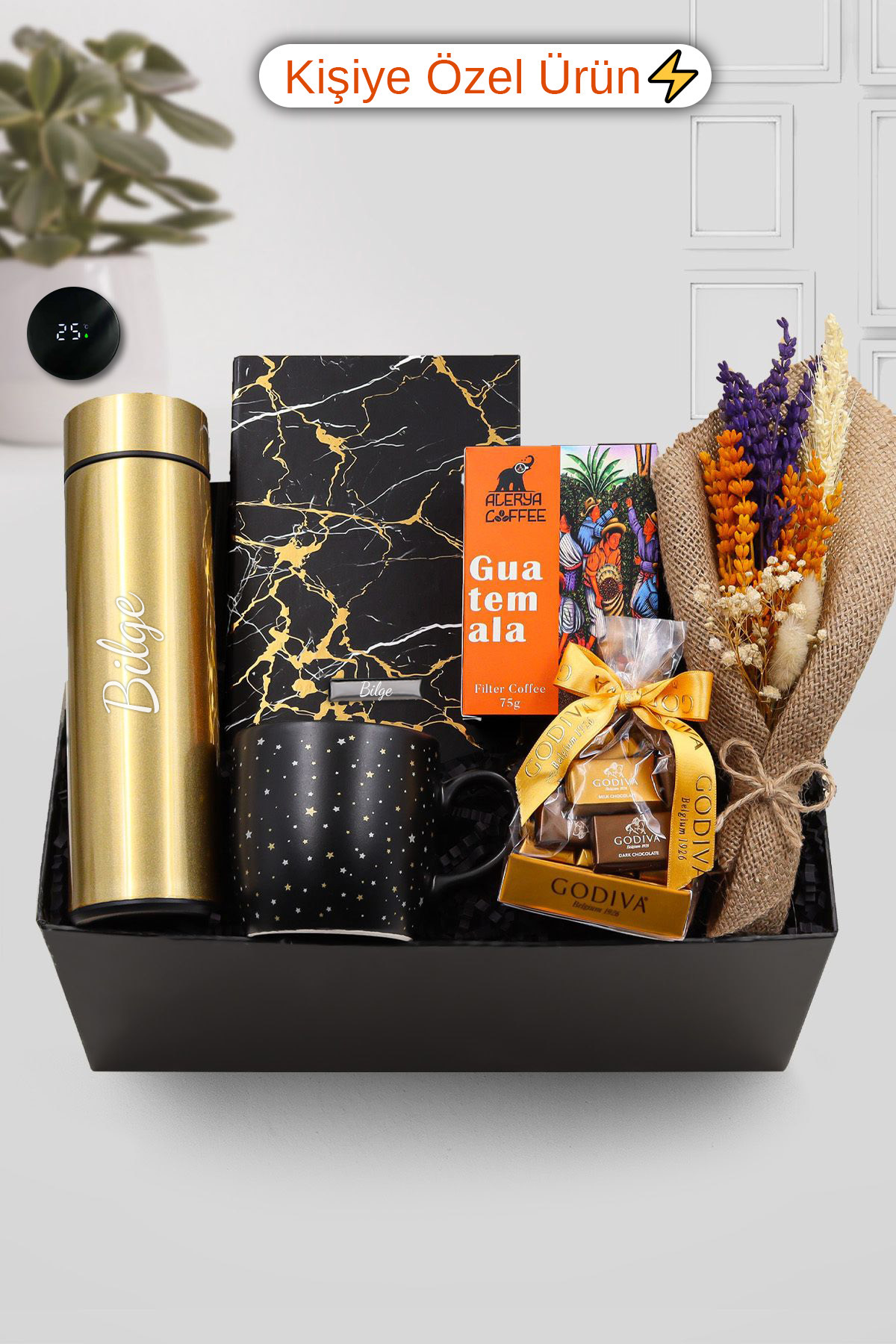 Trendmiya Gold Dereceli Termos-mermer Defter-yıldız Kupa-kahve-çiçek-naps Çikolata Hediye Seti