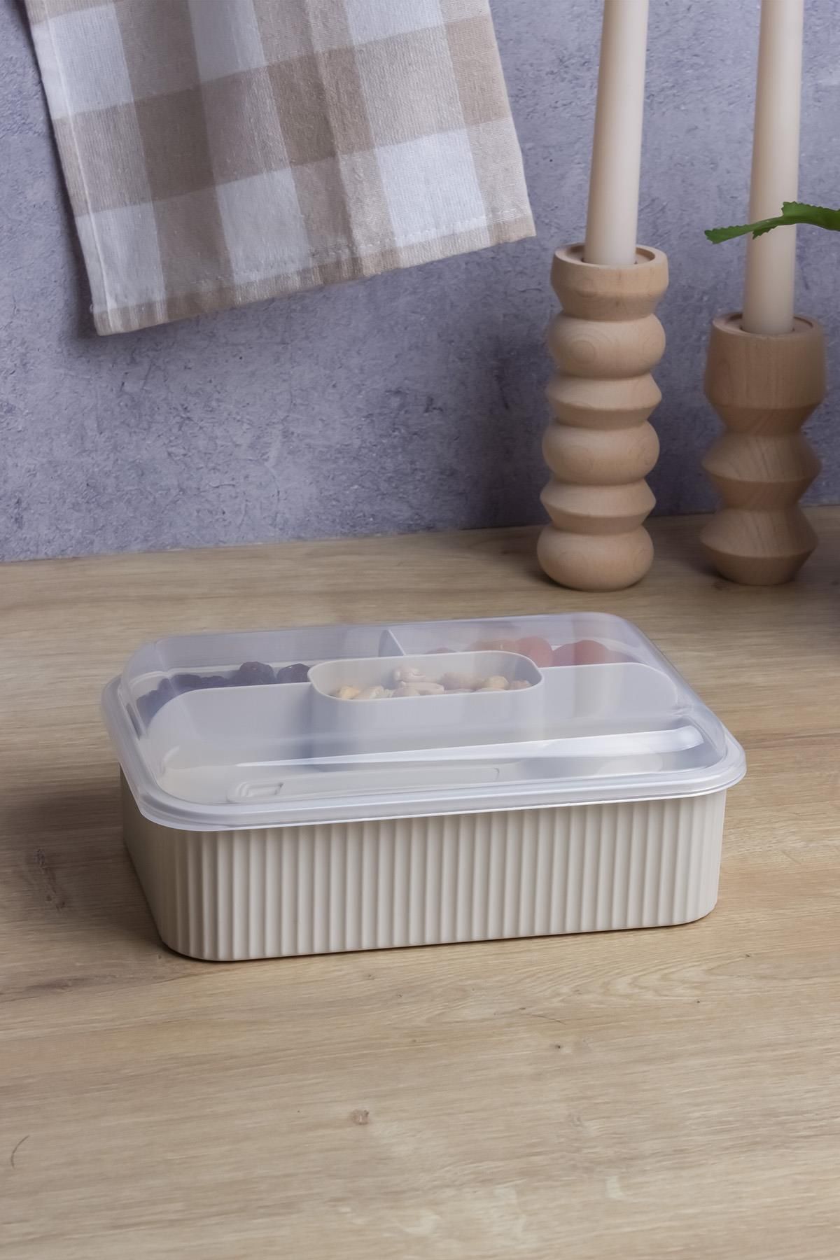 Okyanus Home-Beige Striped Lunch Box 5 Compartments Lunch Box with Fork and Spoon Transparent Lid 4