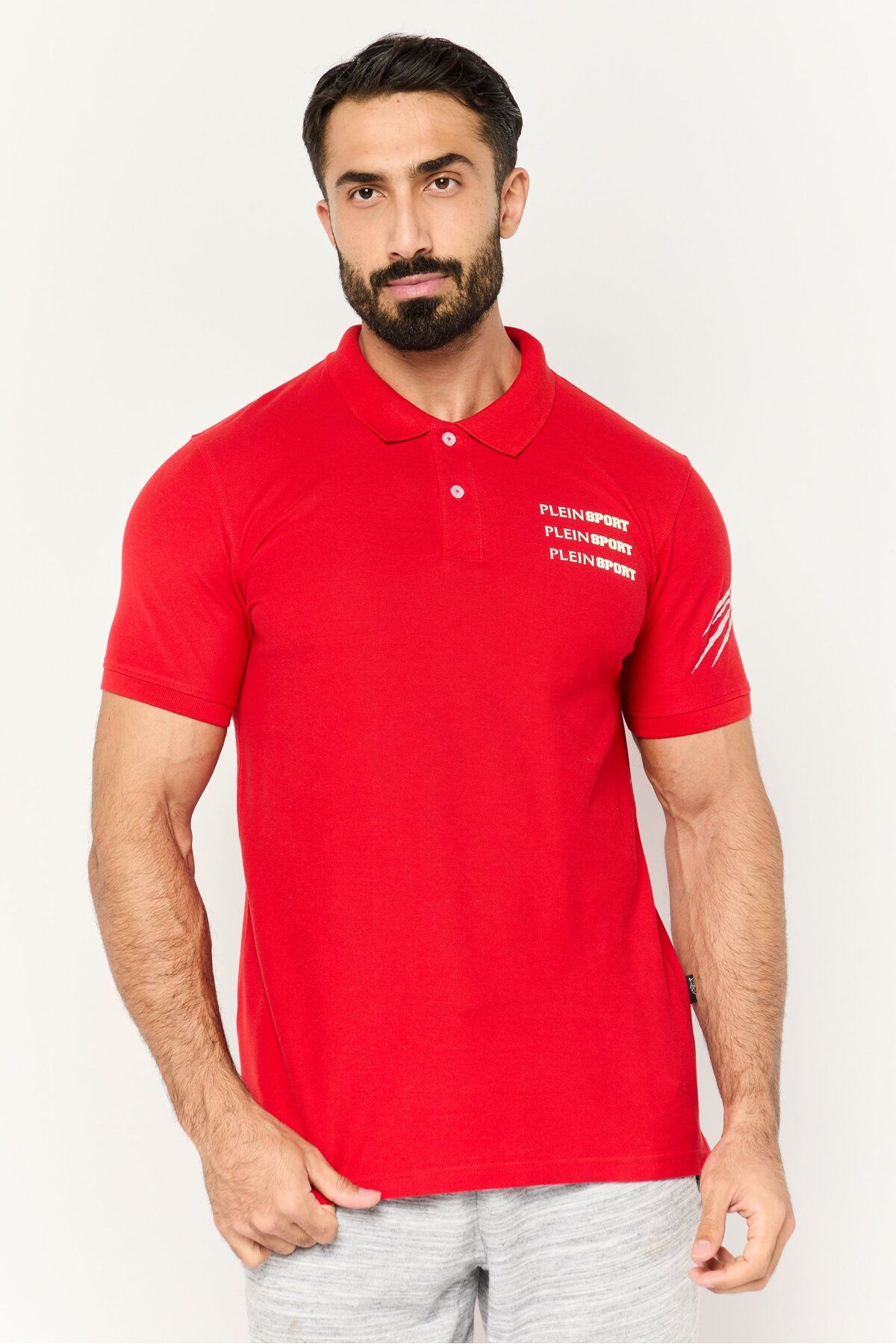 Plein Sport-Men Sportswear Fit Short Sleeves Outdoor Polo Shirt, Red 1