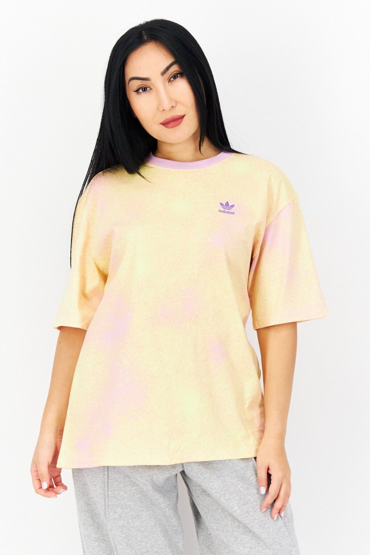 adidas-Women Sportswear Fit Embroidered Logo Training Top, Pink/Yellow 1