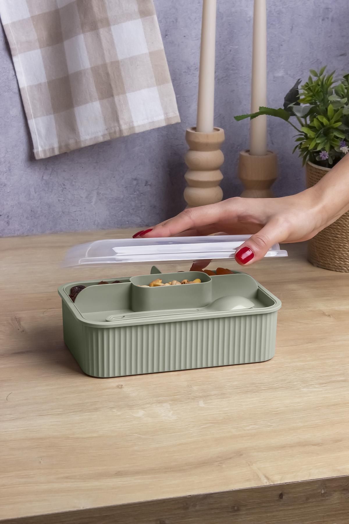 Okyanus Home-Green Striped Lunch Box 5 Compartments Lunch Box with Fork and Spoon Transparent Lid 3