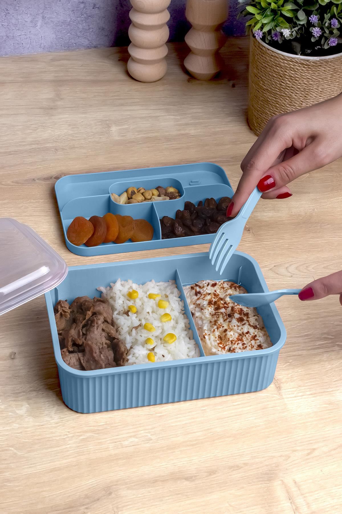 Okyanus Home-Blue Striped Lunch Box 5 Compartments Lunch Box with Fork and Spoon Transparent Lid 2