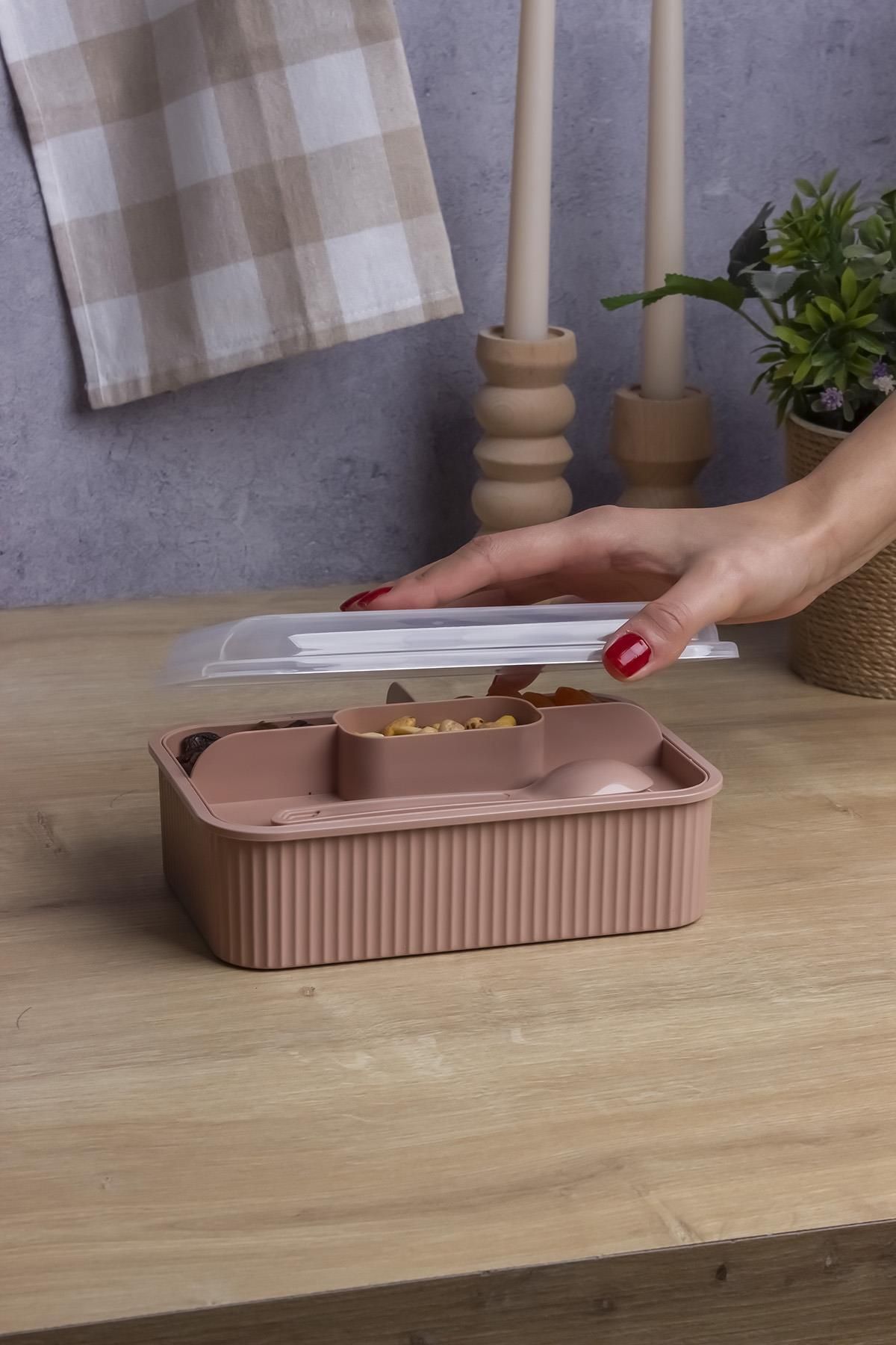 Okyanus Home-Powder Striped Lunch Box 5 Compartments Lunch Box with Fork and Spoon Transparent Lid 3