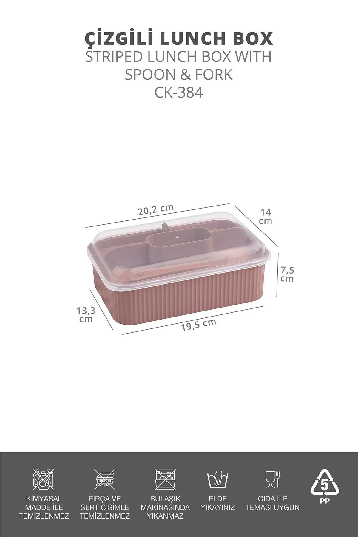 Okyanus Home-Powder Striped Lunch Box 5 Compartments Lunch Box with Fork and Spoon Transparent Lid 6