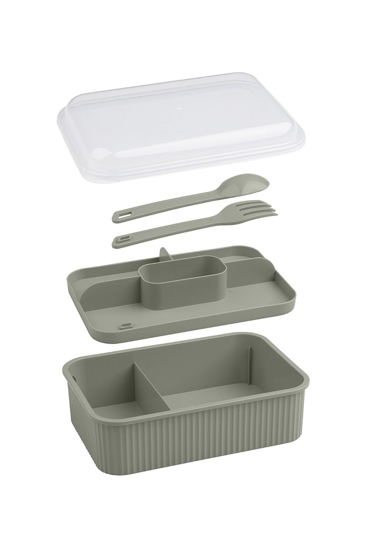 Okyanus Home-Green Striped Lunch Box 5 Compartments Lunch Box with Fork and Spoon Transparent Lid 5