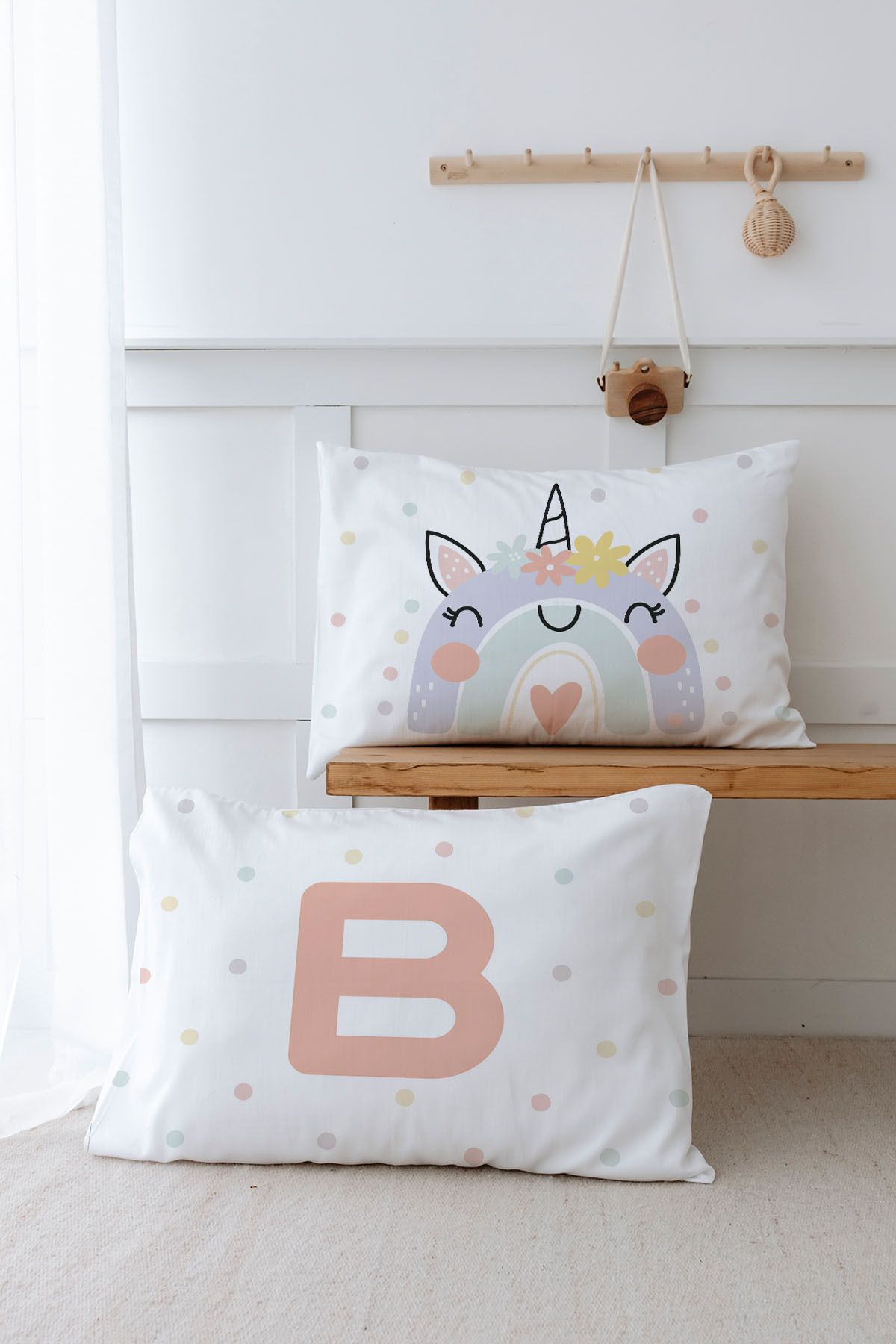 Tuğba Kuğu-Salmon Unicorn Patterned 2-Piece Pillow Case - Letter Series - Letter B 1