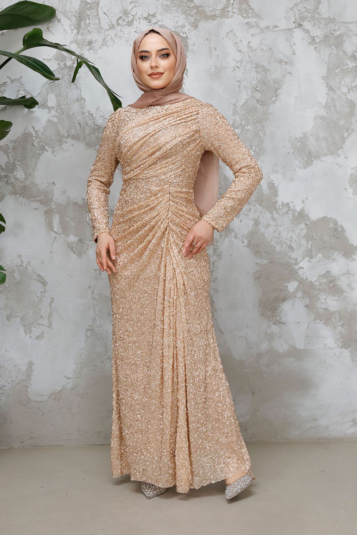 Neva Style-Beaded Biscuit Hijab Evening Dress 50341Bs 3