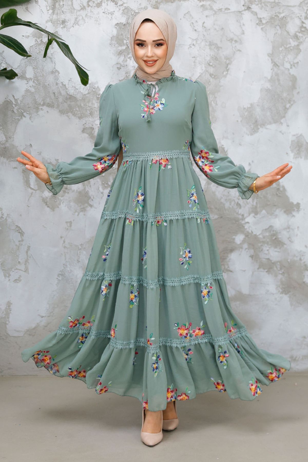 Neva Style-Green Hijab Dress with Floral Print 32815Cy 2