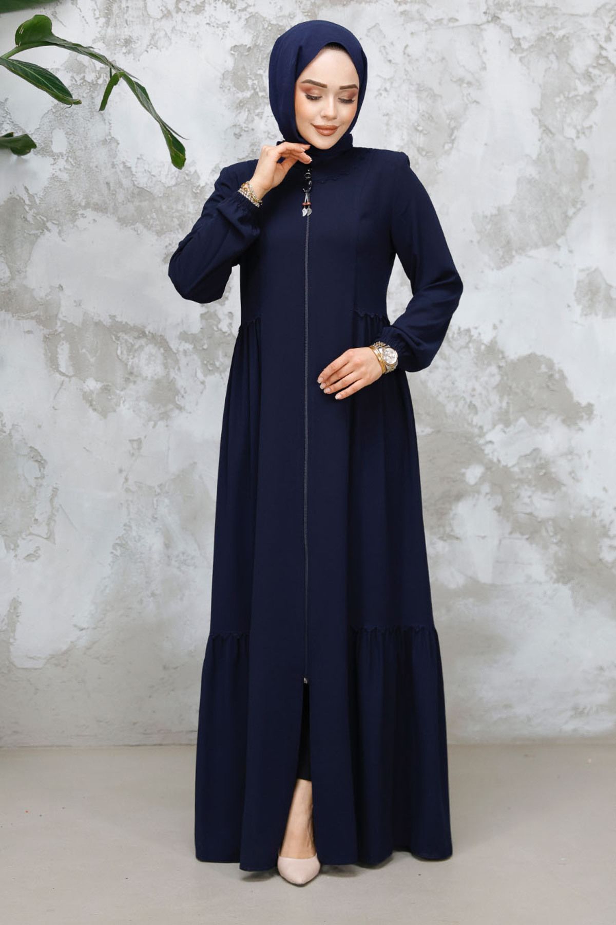 Neva Style-Navy Blue Zippered Hijab Abaya - 8133L 2