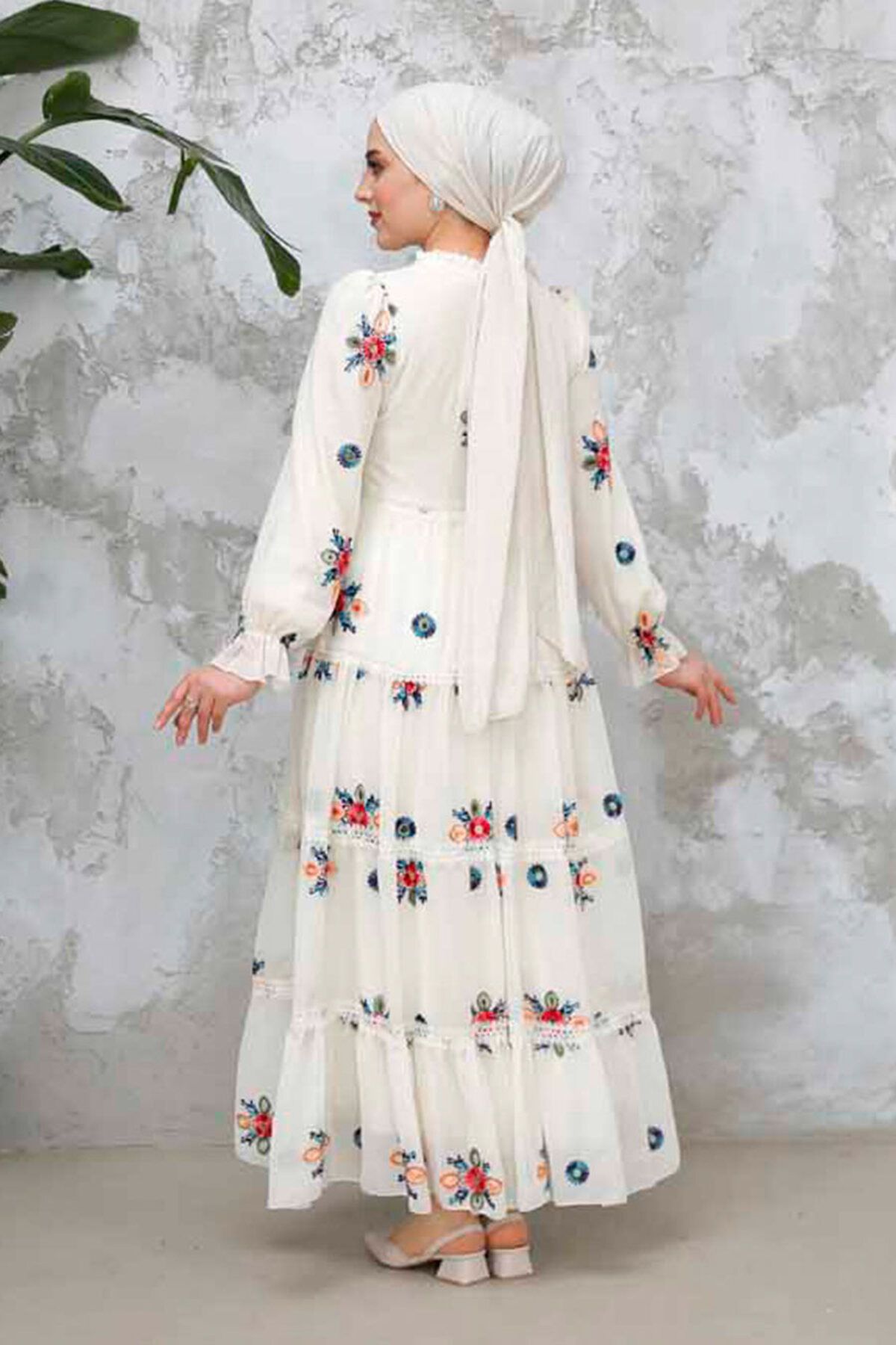 Neva Style-Embroidery Patterned Ecru Hijab Dress 45541E 8