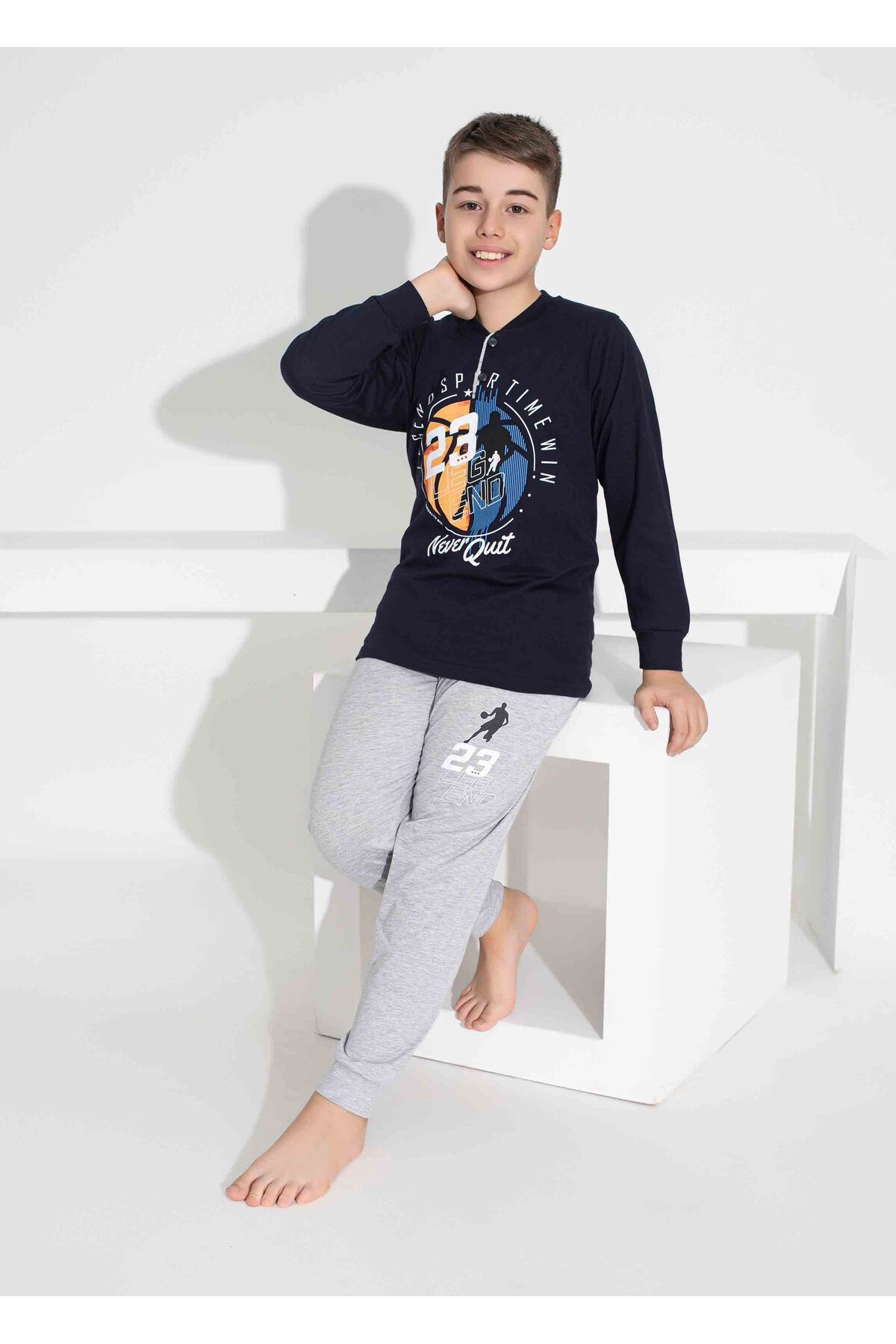 Tarık-Boy's Basketball Patterned Long Sleeve Pijama Set 1