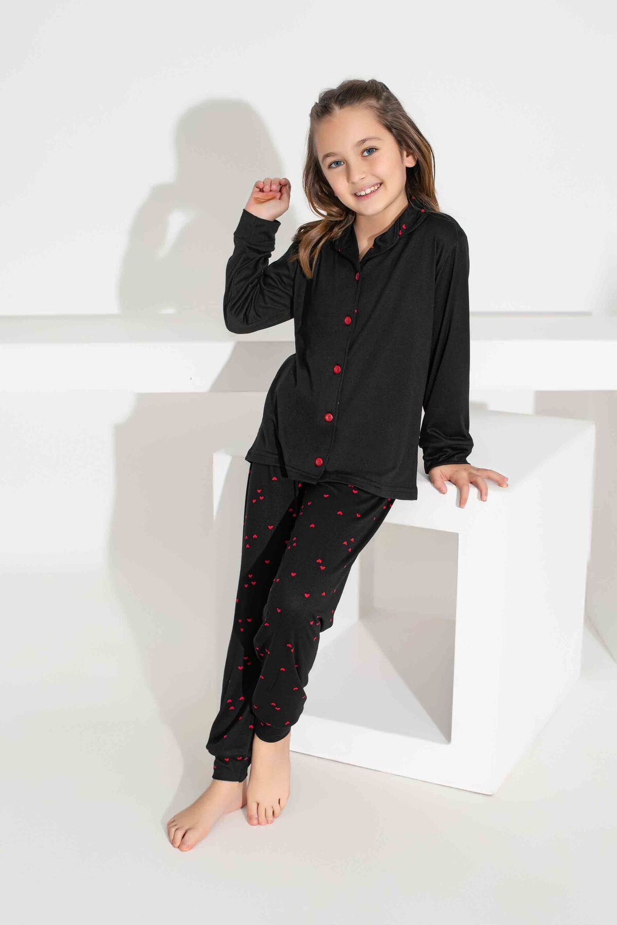 Tarık-Girl's Collar Heart Patterned Buttoned Long Sleeve Pijama Set 1