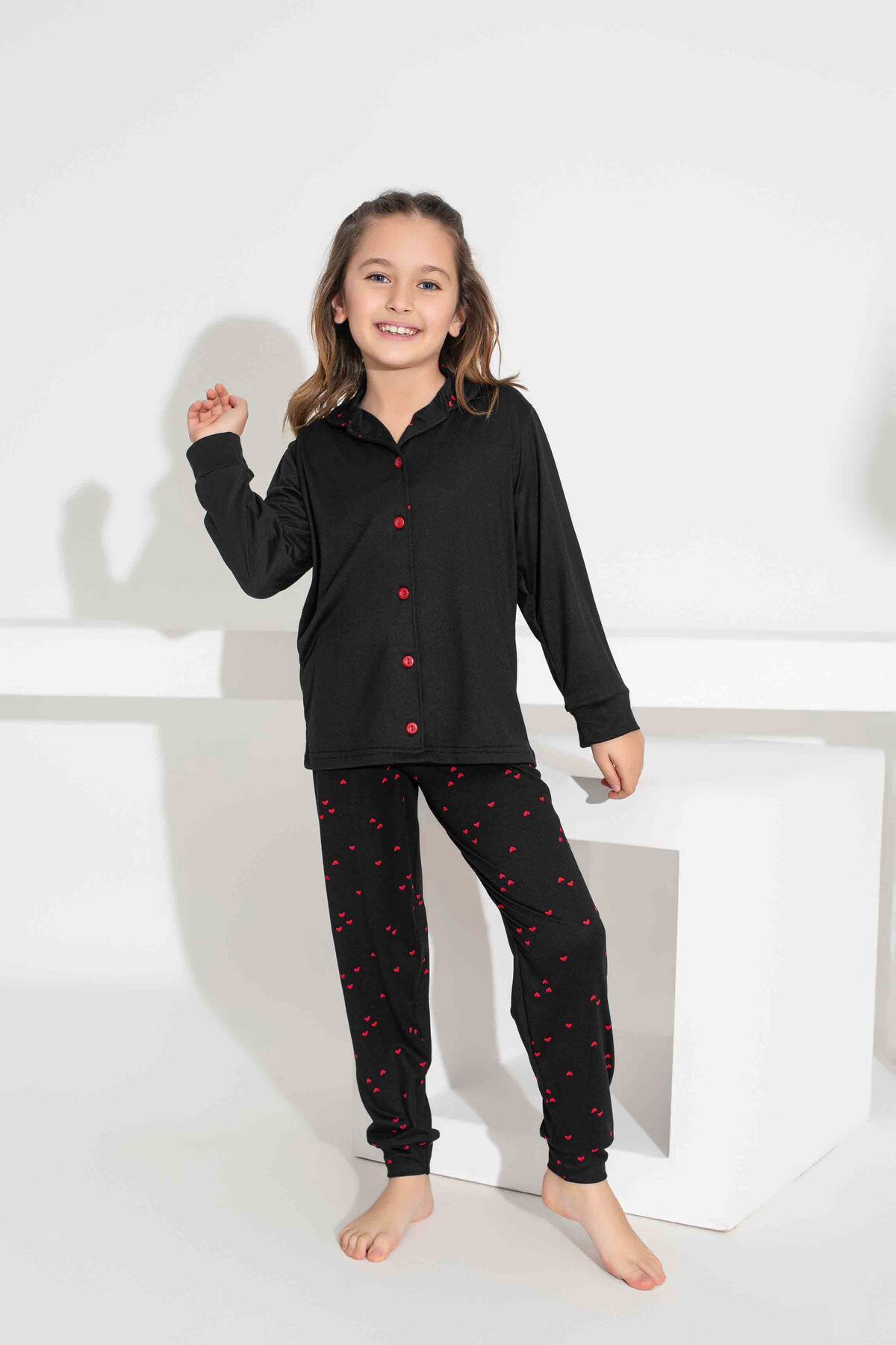 Tarık-Girl's Collar Heart Patterned Buttoned Long Sleeve Pijama Set 2