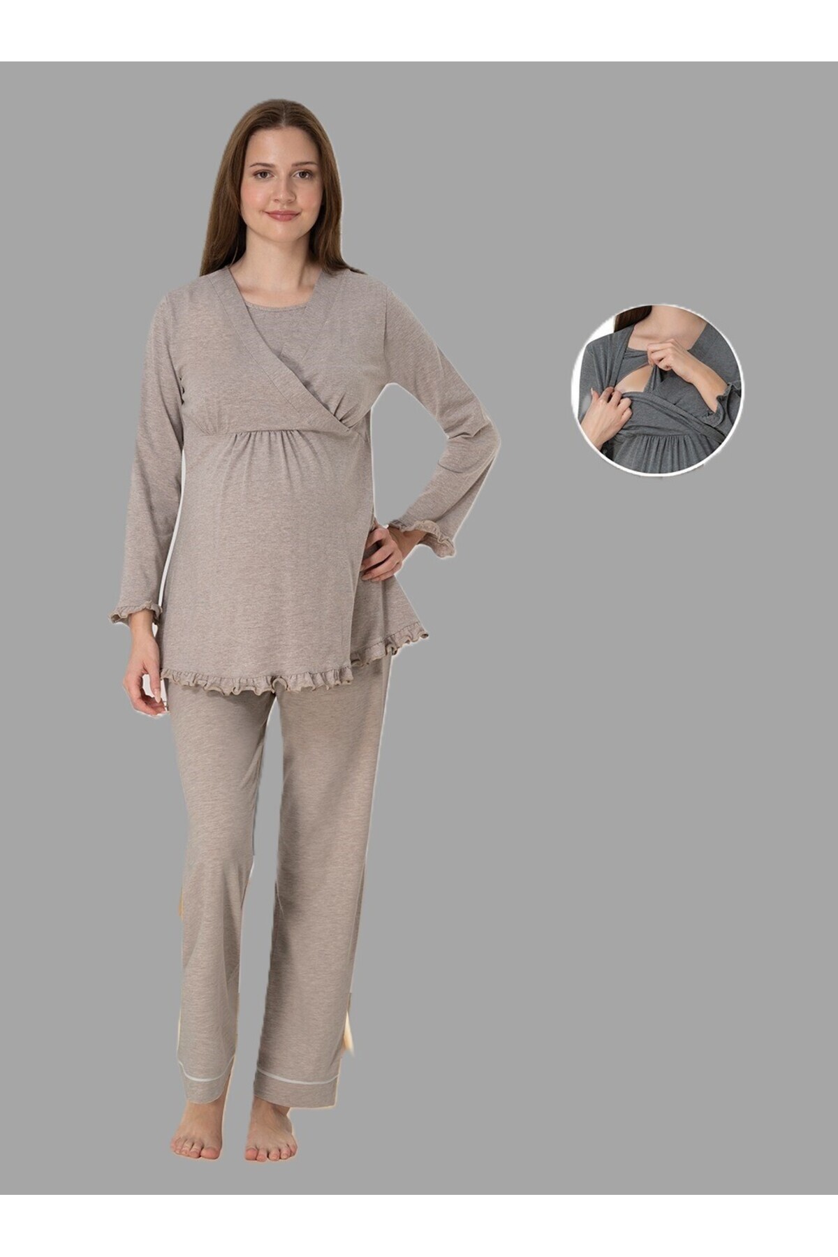 LOHOUSE Kadın Bej Uzun Kol Kruvaze Lohusa Hamile Pijama Takım