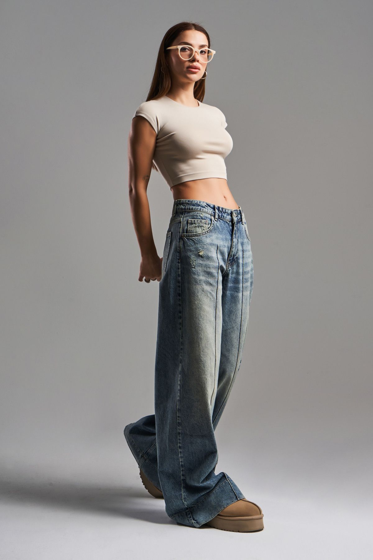 its basic-Blugi de damă T.Kot Color 12S5-65 Super Palazzo Fit 100% Koton Jeans din denim cu talie medie 3