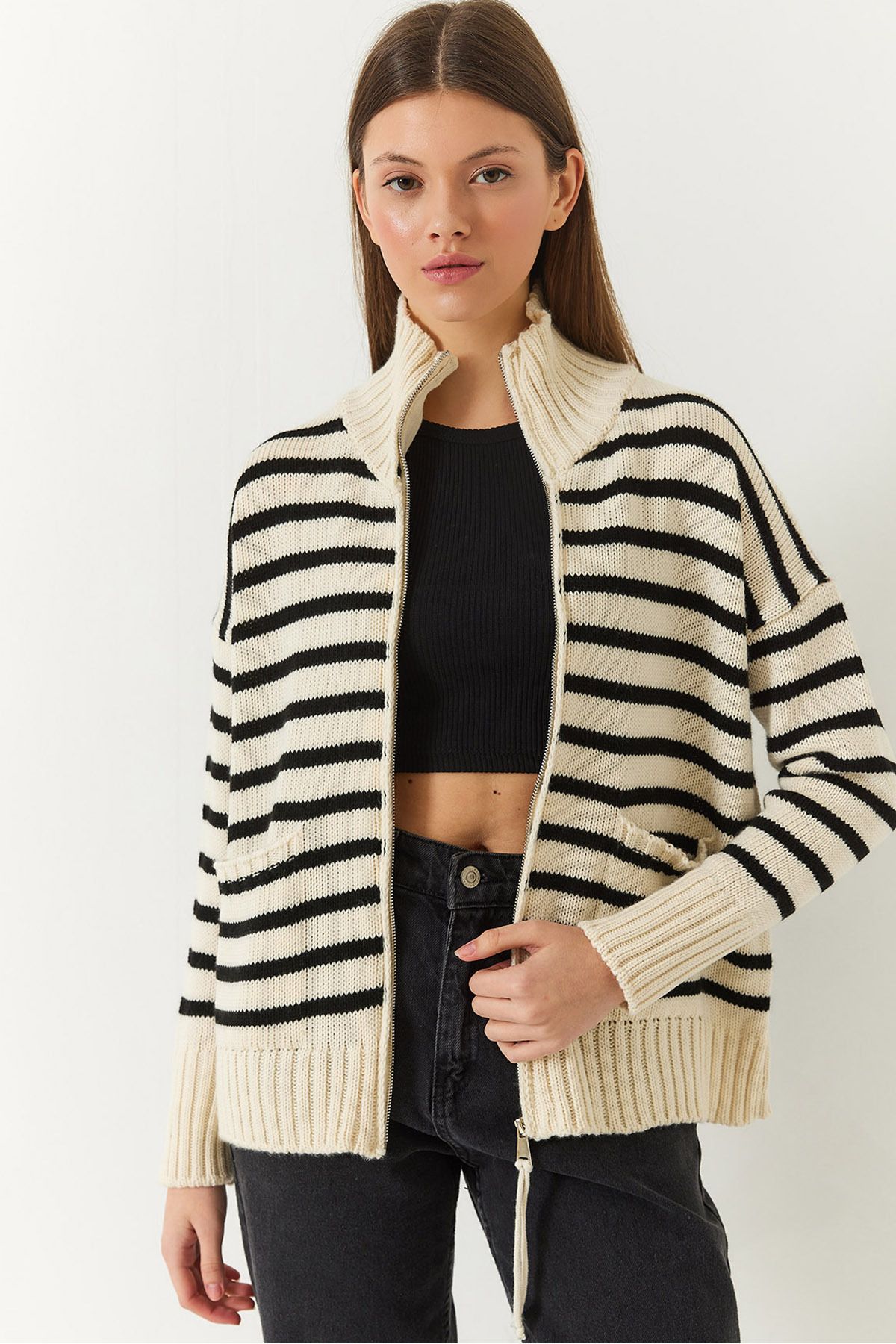 Bianco Lucci-Women's Striped Zippered Knitwear Cardigan 20246314 1