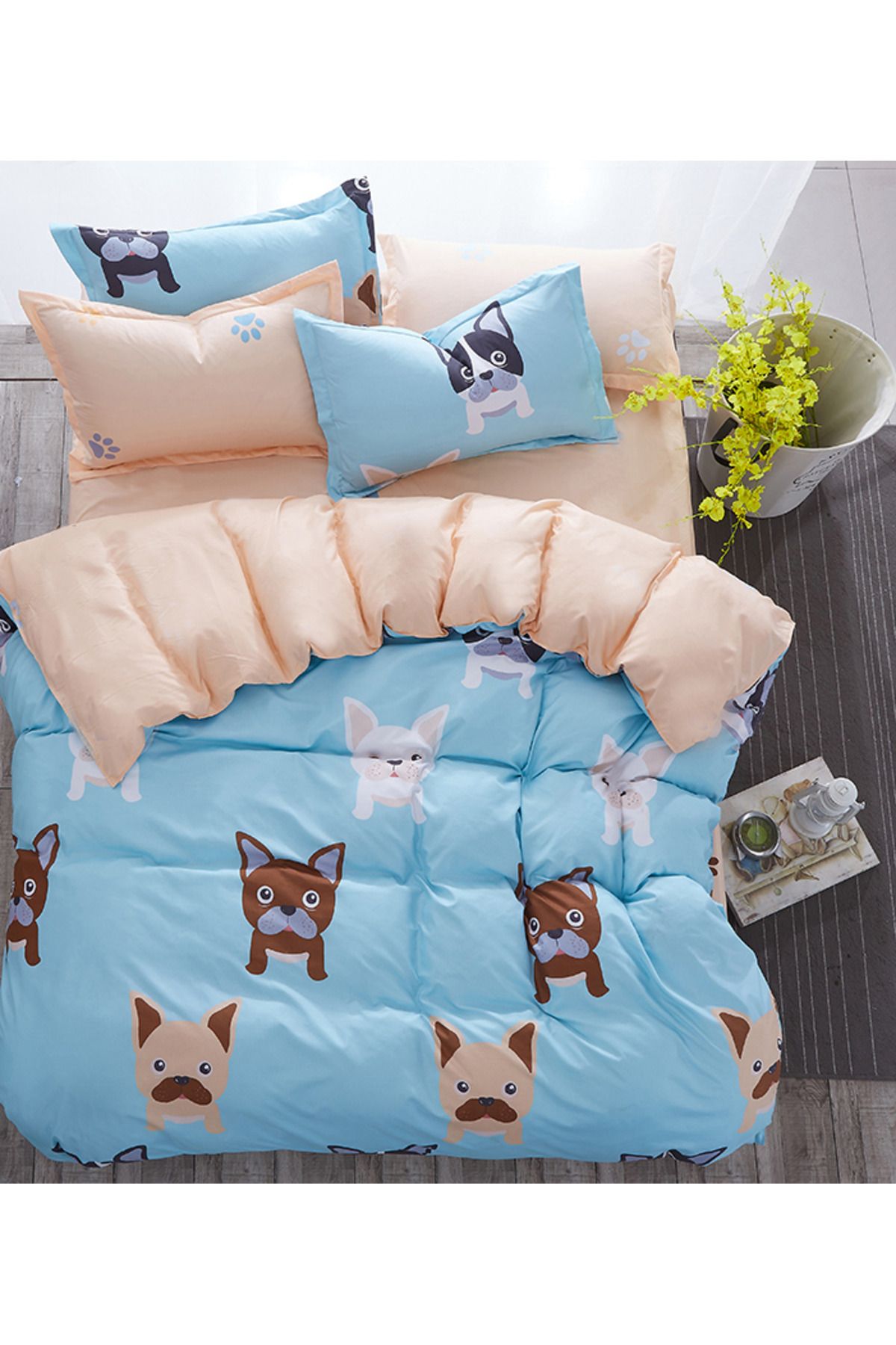 İQON-Turquoise Happy Dog Single Elastic Duvet Cover Set 1