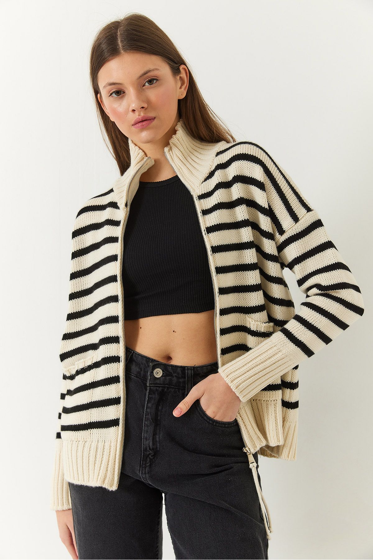 Bianco Lucci-Women's Striped Zippered Knitwear Cardigan 20246314 3