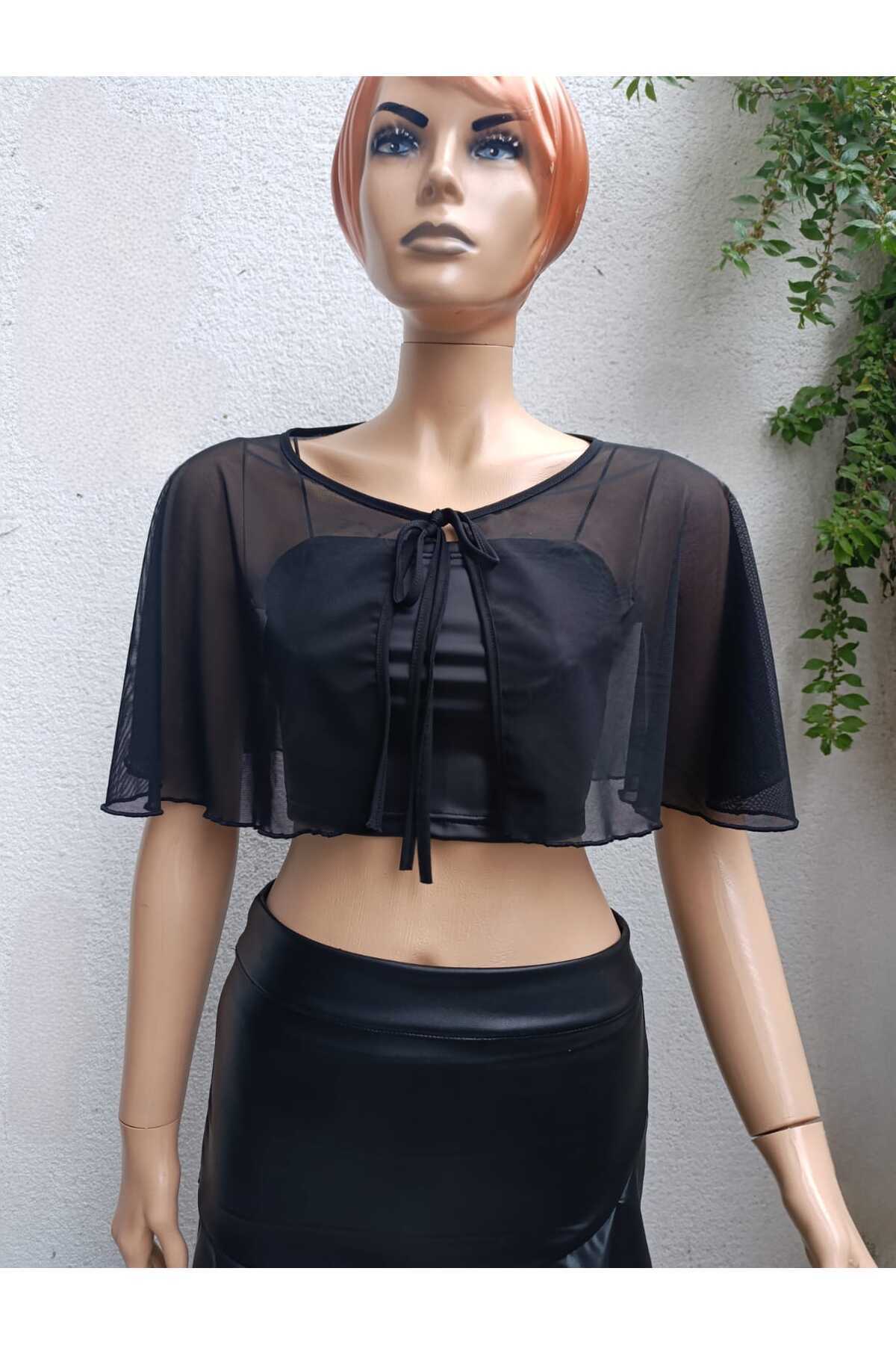 morche kadın bağlama detaylı tül bolero şık pelerin