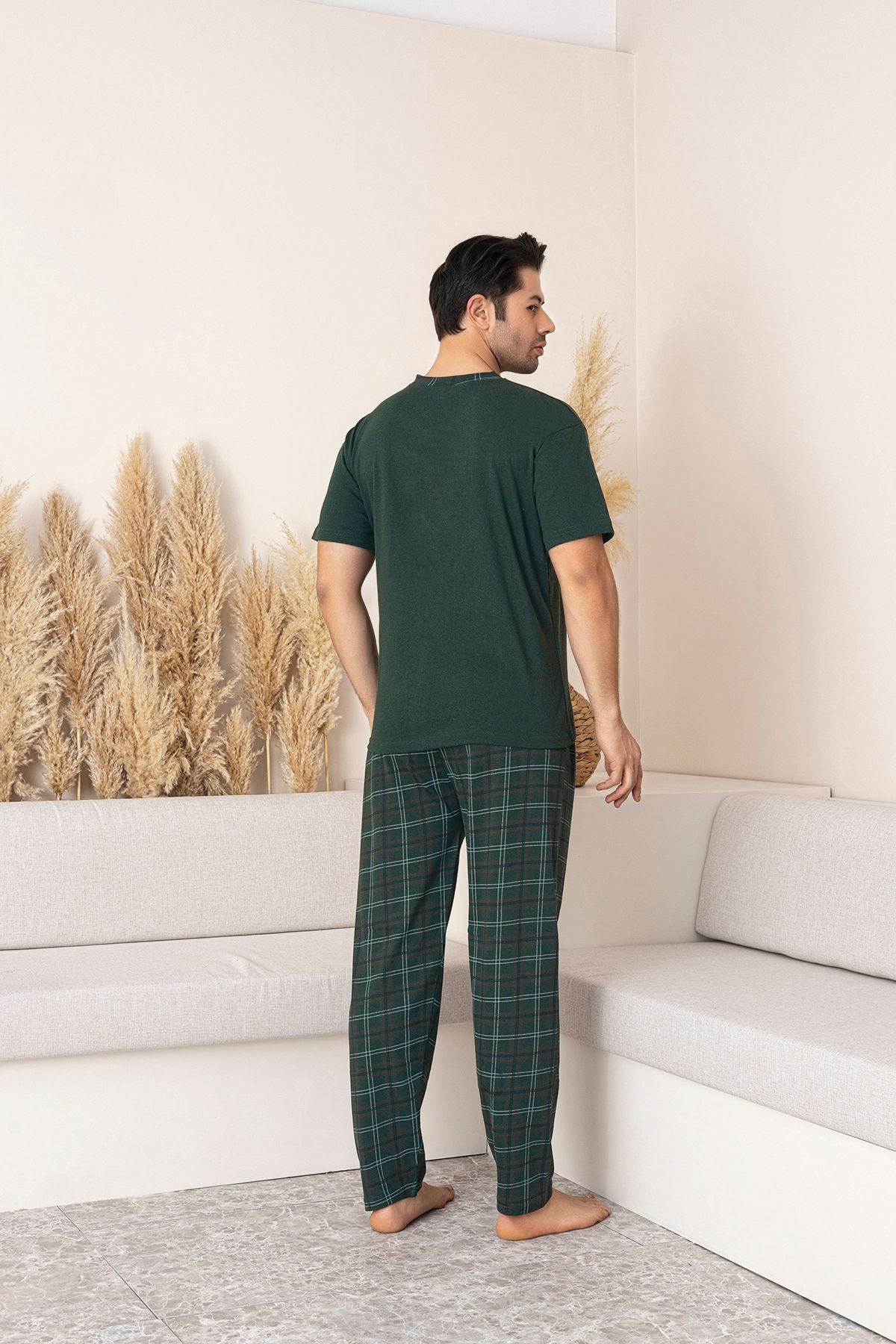 Sude HOMEWEAR-Set pijama cu mânecă scurtă în carouri din bumbac pieptănat pentru bărbați 3