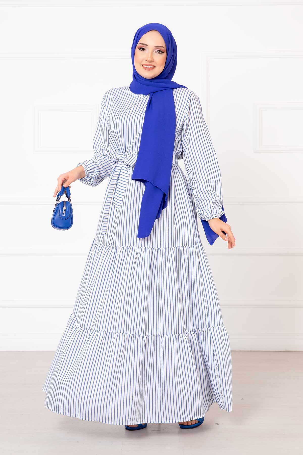 EBRUTESETTÜR-Linen Hijab Dress with Striped Mobile Belt 3