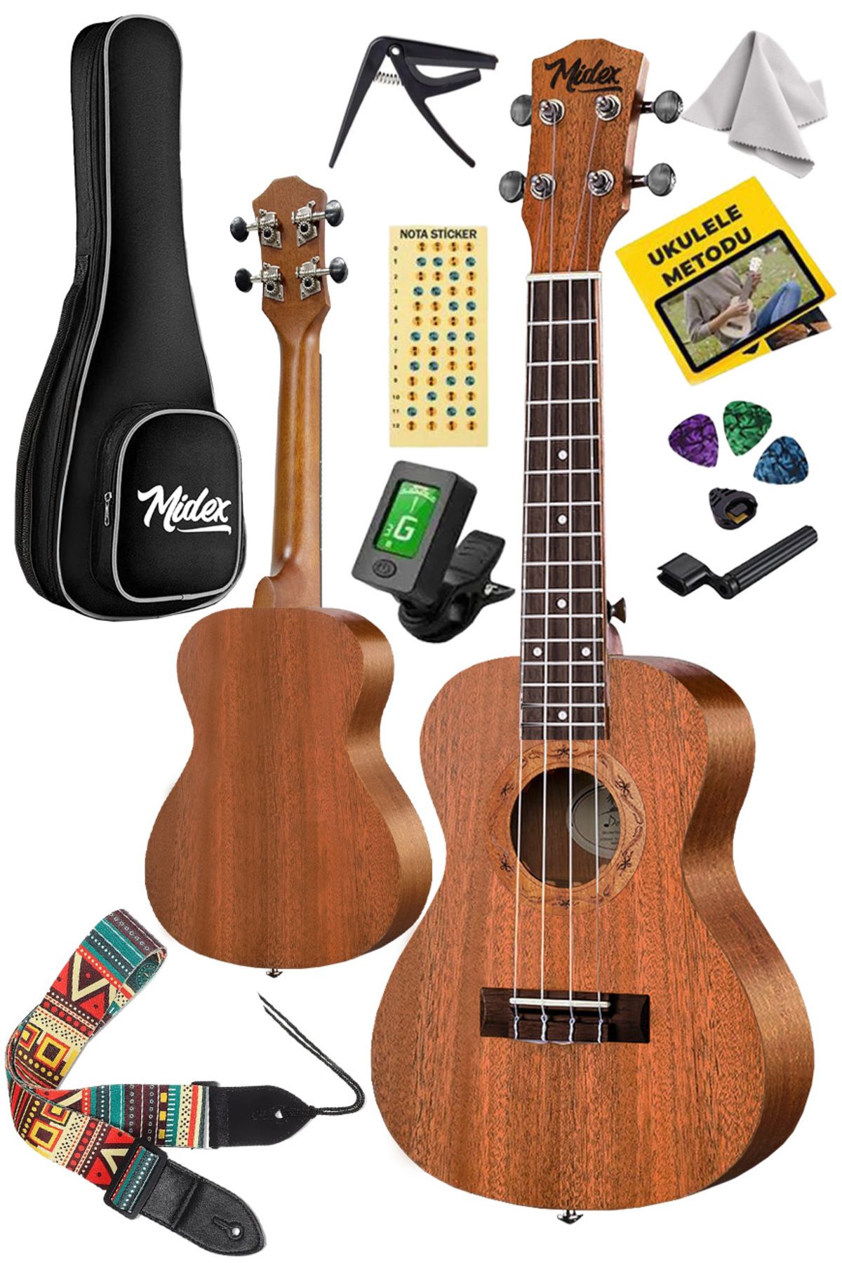 Midex-SP-21MC Set Mahogany Soprano Ukulele (Softcase Tuner Capo Method Musical Note Sticker Strap Plectrums) 2