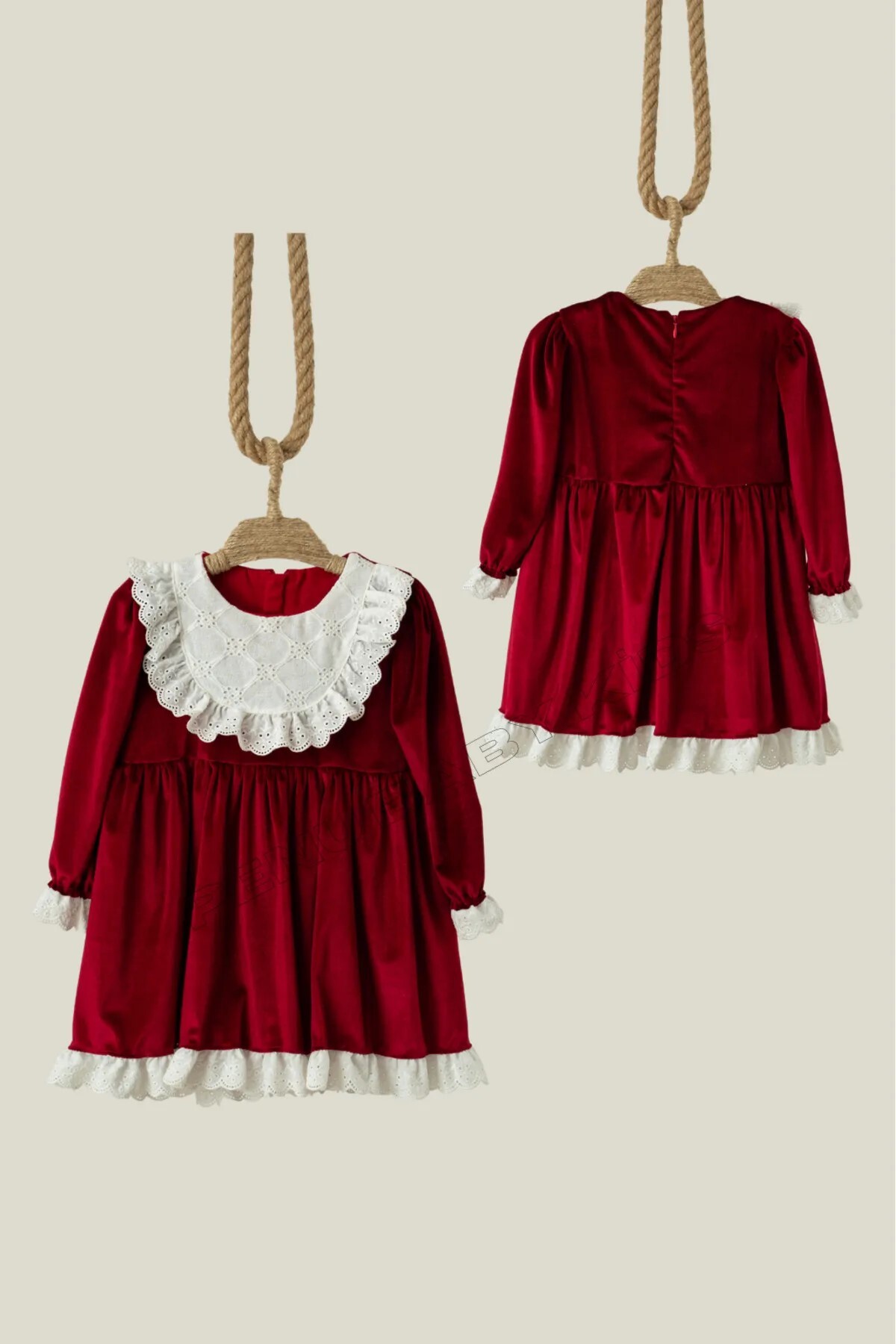 penu baby kids Bordo Kadife Yaka Etek Ve Kol Ucu Dantelli Kız Çocuk Kız Bebek Elbise-LİA fotoğrafı 6 (önizleme)