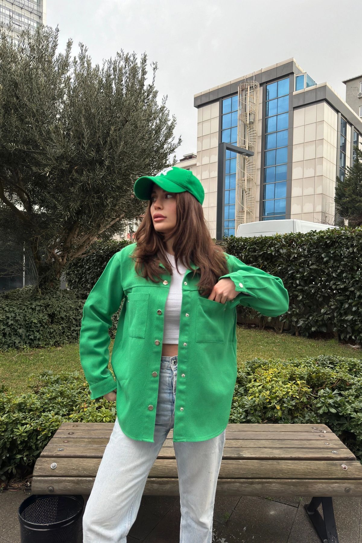 NEW LAVİVA-Women's Green Long Sleeve, Double Pocket, Back Pleat, Oval Cut Hem, Split, Gabardine Shirt Jacket 5