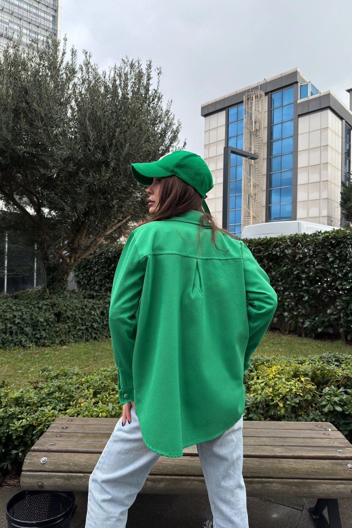 NEW LAVİVA-Women's Green Long Sleeve, Double Pocket, Back Pleat, Oval Cut Hem, Split, Gabardine Shirt Jacket 2