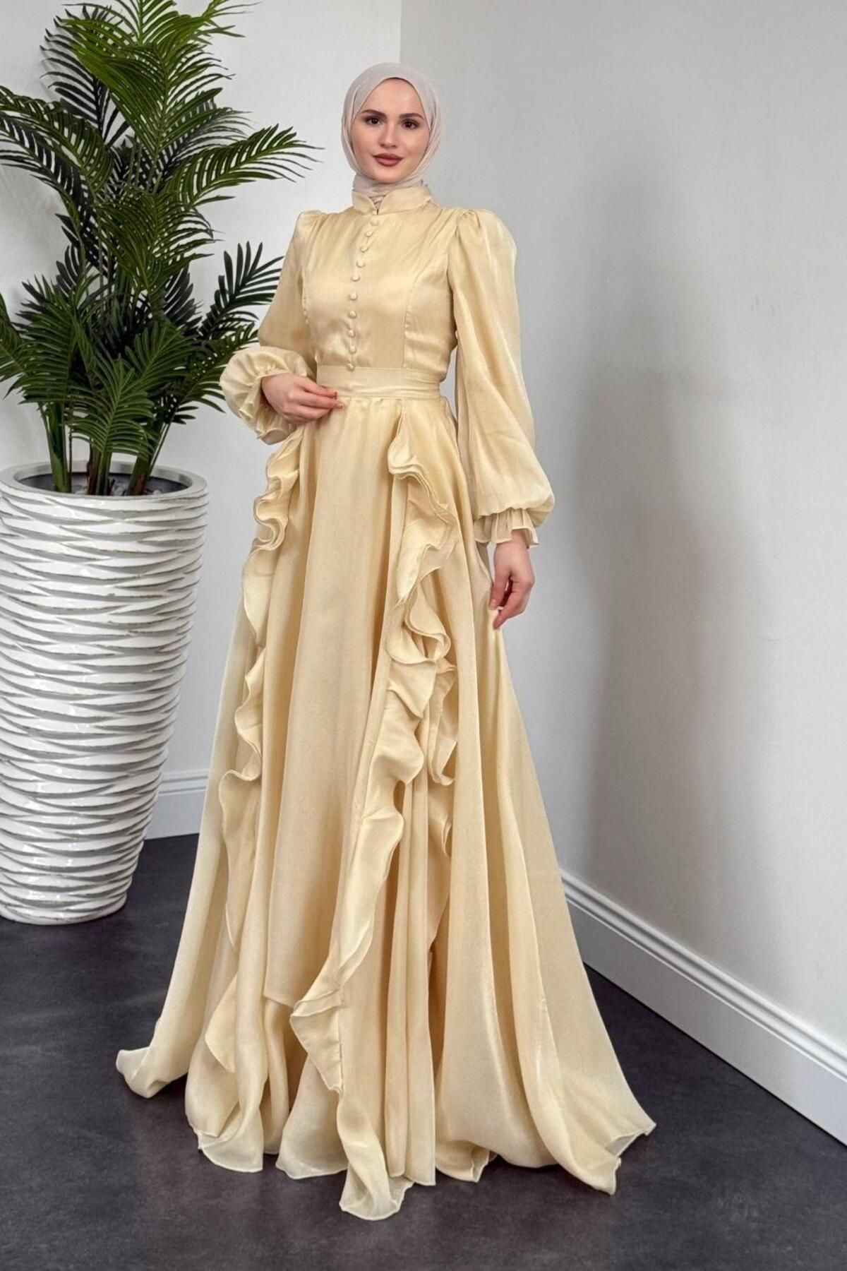 MERVEN AKYÜZ-Samira Ruffled Janjan Evening Dress Candle Light 3