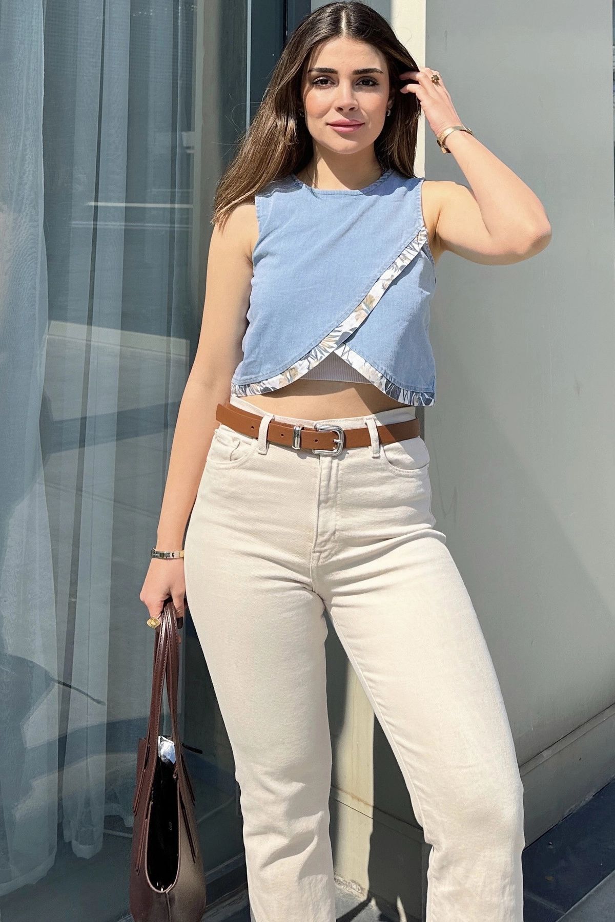 NEW LAVİVA-Bluză de damă, albastră, încrucișată în față, fără mâneci, gât rotund, bluză de denim crop 5