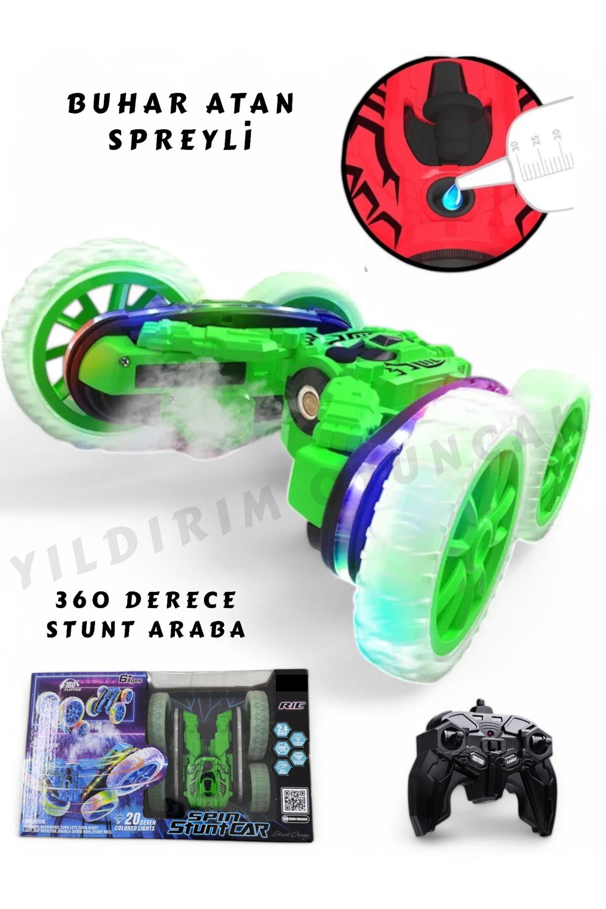 Uzaktan Kumandalı Full Fonksiyon Şarjlı Işıklı, Buharlı Sprey Atan 360 Stunt Araba Akrobatik Ledli