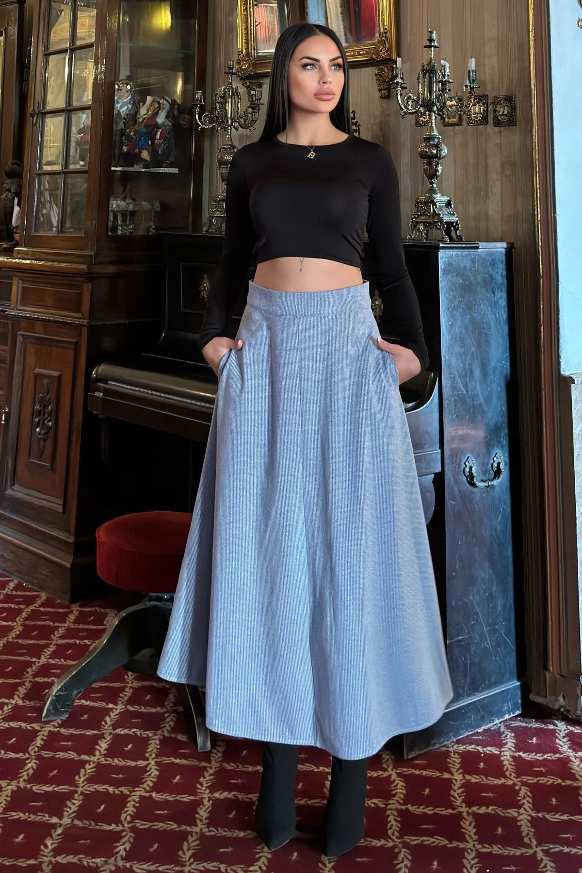 NEW LAVİVA-Blue High Waist, Pockets, Kilos Cutout, Gingham Knitted Stamp Long Skirt 4