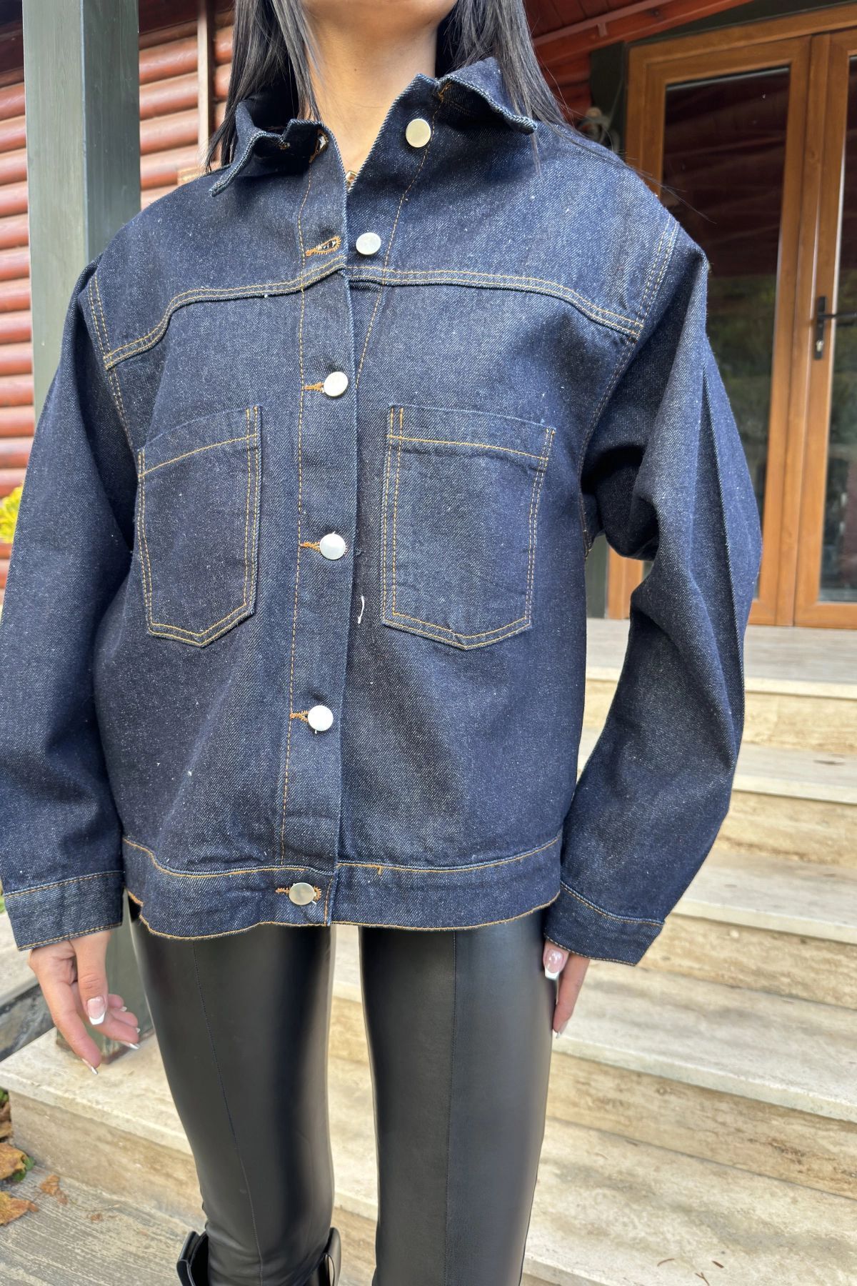 Genel Markalar  Lacivert Denim Color, Apaş Yaka, Çift Cepli, Kaliteli Jeans Kumaş, Salaş Kot Ceket - Görsel 7