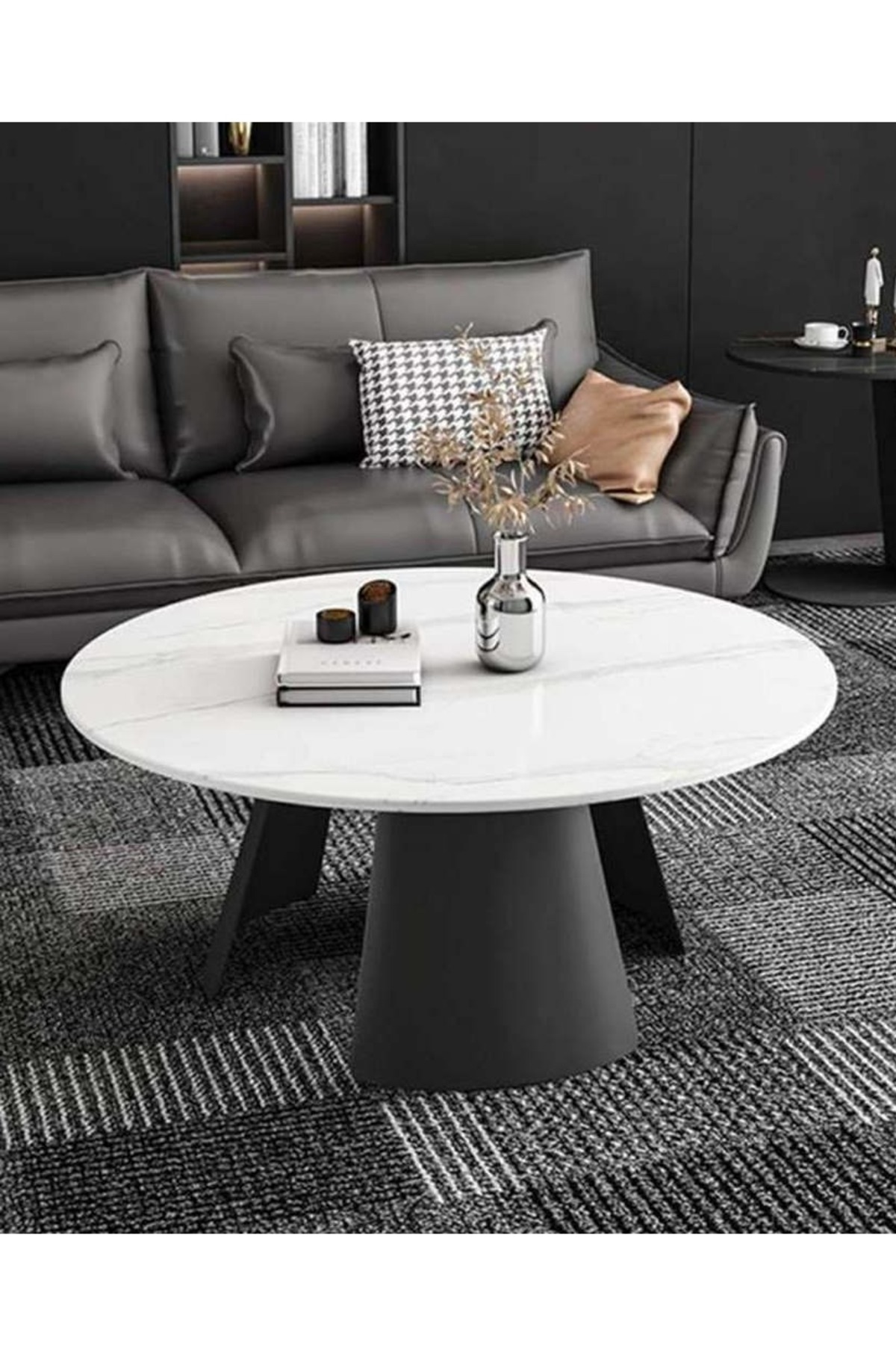 طاولة قهوة حديد وخشب رخامي وام دي اف اسود وابيض - 80×80×45 سم