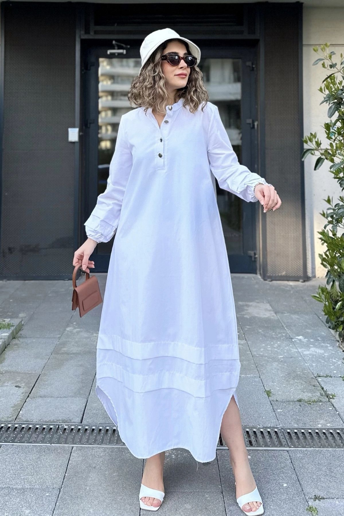 NEW LAVİVA-White Layered Fabric High Neck Long Dress - Elastic Balloon Sleeve and Skirt 3