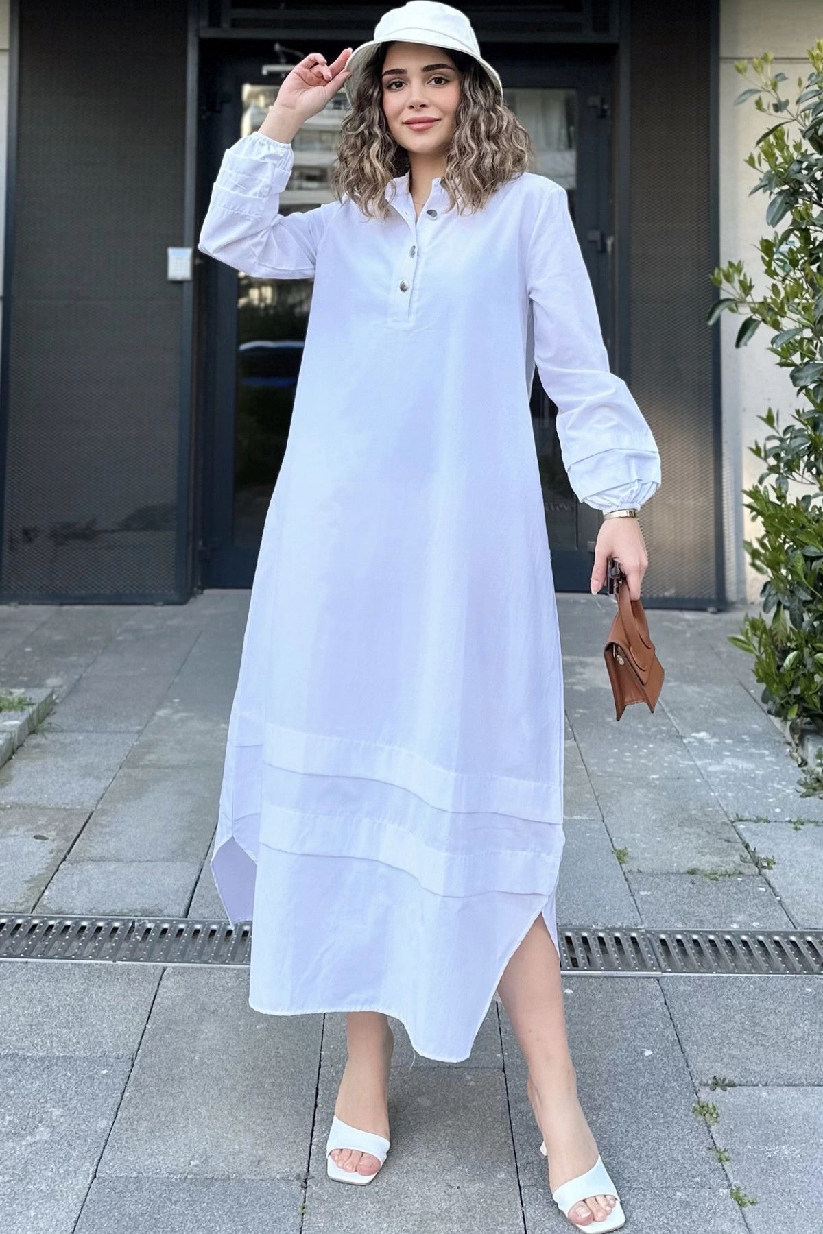 NEW LAVİVA-White Layered Fabric High Neck Long Dress - Elastic Balloon Sleeve and Skirt 1