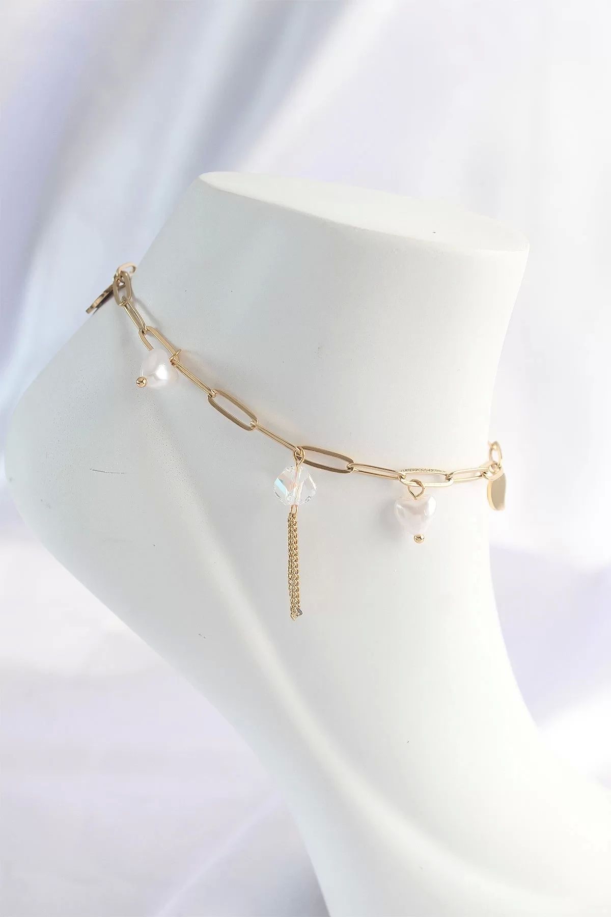 Clariss-316L Steel Gold Color Heart Detailed Dangle Anklet 1