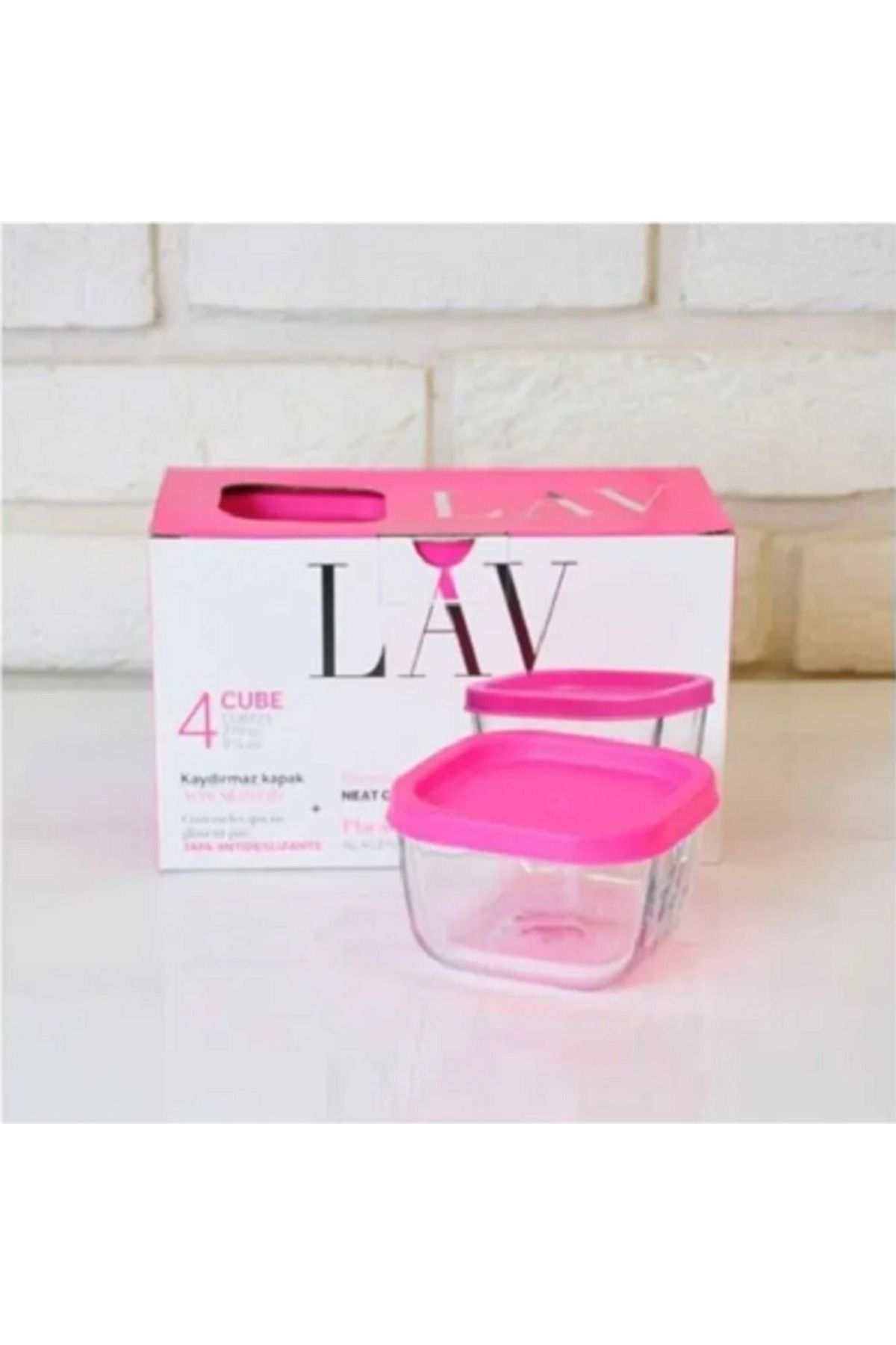 LAV-Feyzade Cube Breakfast Storage Container Set with Pink Lid (4 Pcs 405Cc - 4 Pcs 270Cc) 4