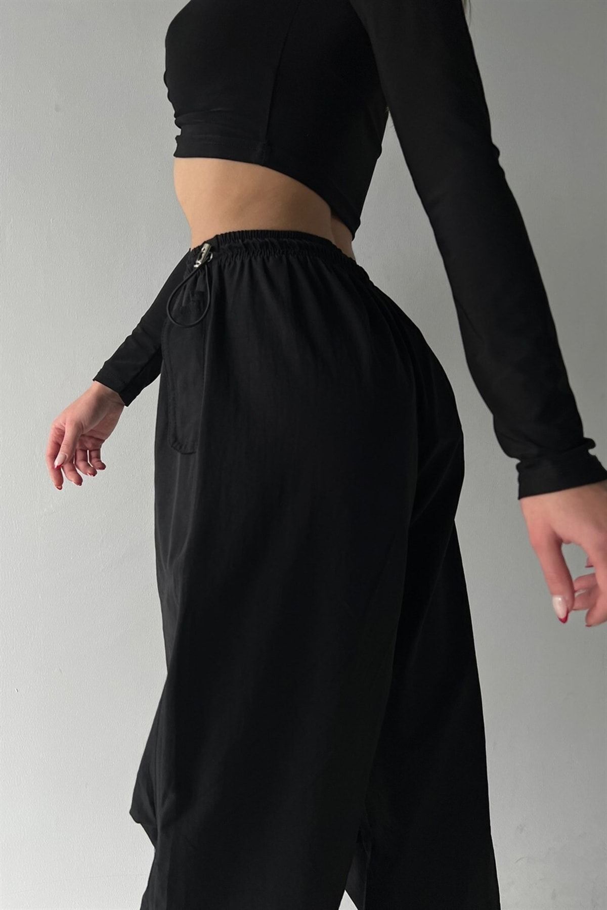 Pantalon en tissu parachute taille haute noir - Görsel 5