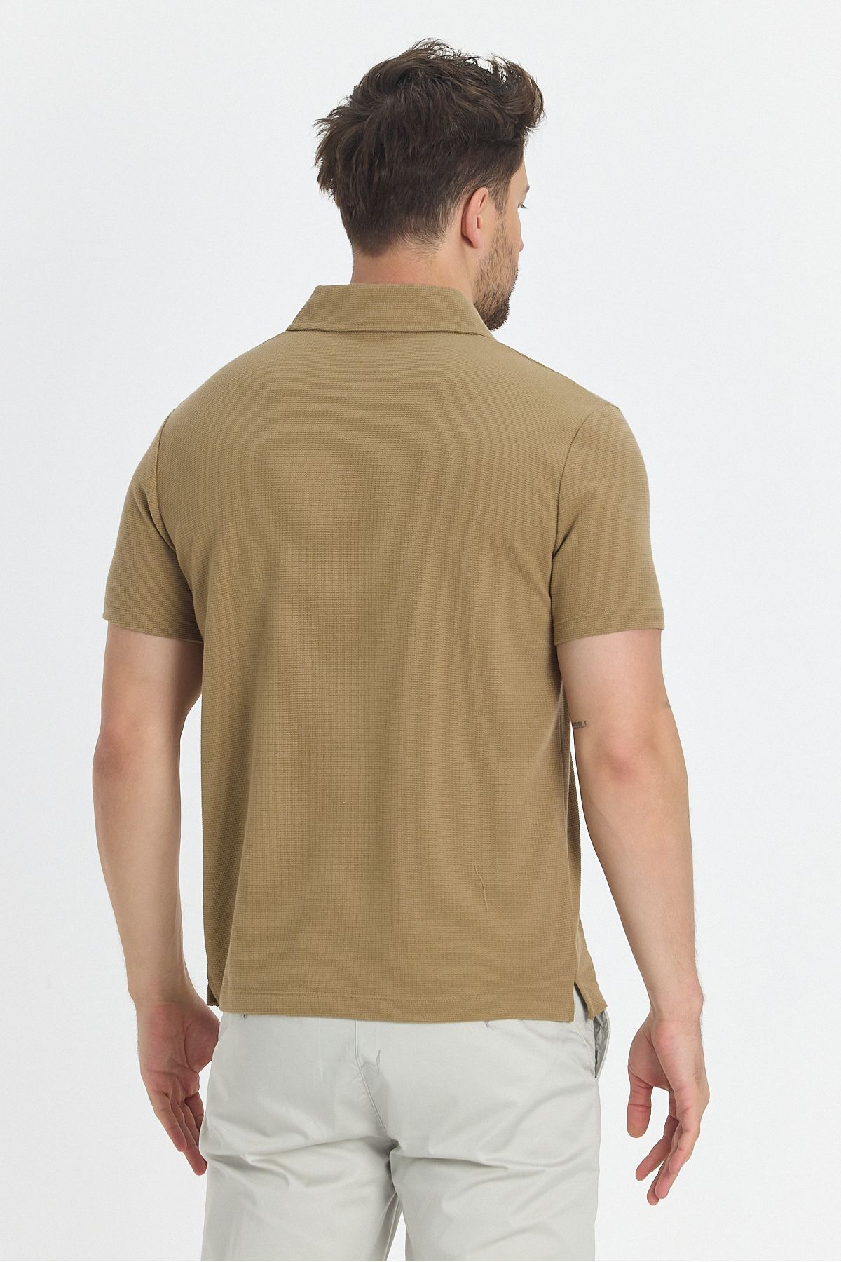 Frappoli-Jaguar Men's Polo Neck T-Shirt - Camel Color, Cotton Blend, Non-Drawing Lycra, Slit Detail, Slim Fit 5